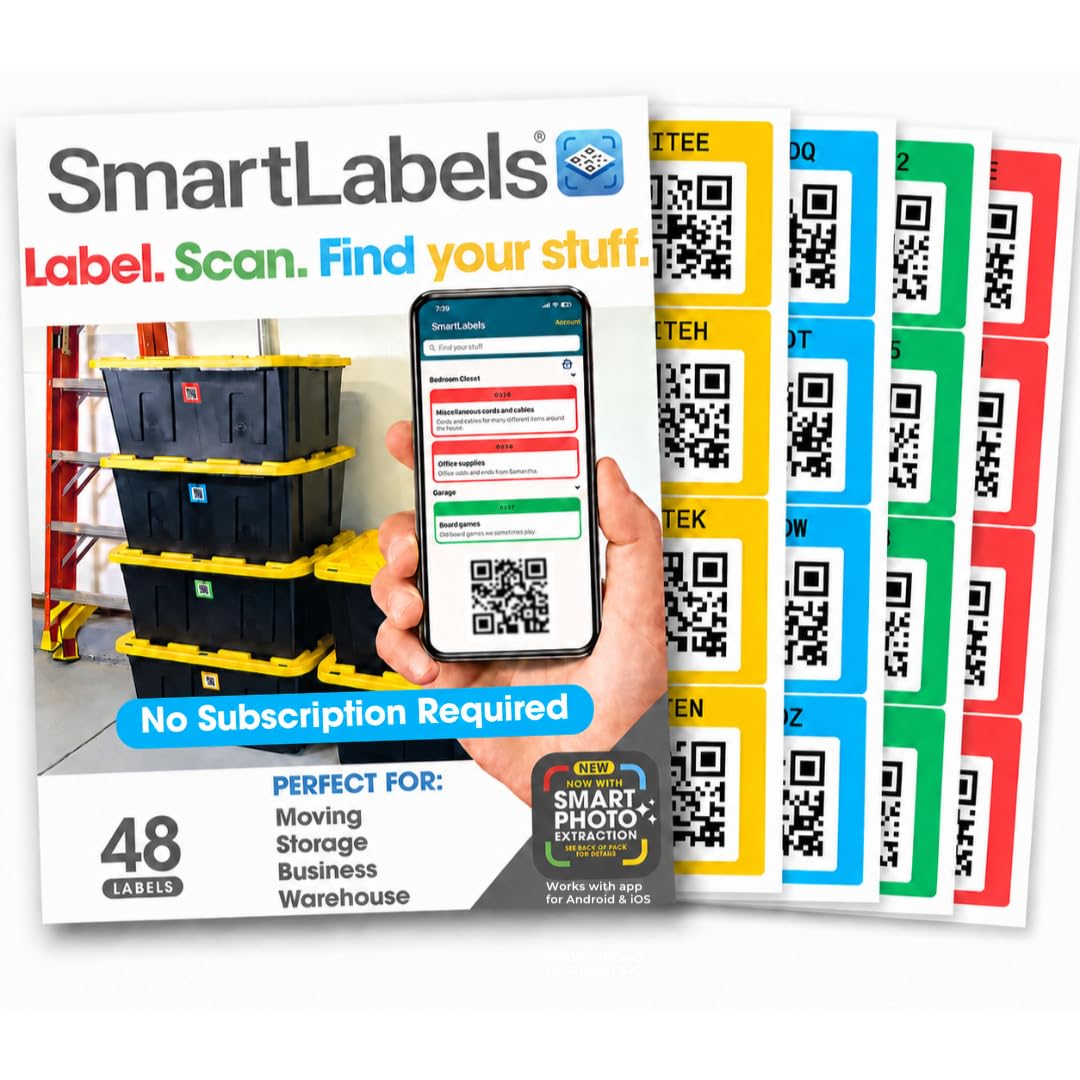 QR Code Smart Labels | Adesivi scansionabili codificati a colori per cestini, contenitori e organizzazione | Confezione e traccia l'inventario su app iOS e Android | Confezione da 48 (originali)