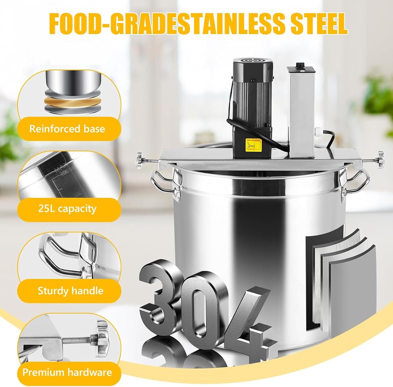 Stainless Steel Electric Mixer, Fully Automatic Food Mixer, Commercial Pot Base and Sauce Mixer for Cooking, Heating and Stirring Chocolate Sauce, Food Mixing and Pot Base Stirring.(40L)