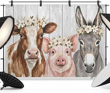 12x8ft Photography Backdrop,Farmhouse Pig Cattle Donkey Professional Photography Background Screen for Photoshoot Studio Booth Props Party Backdrop Curtain,Vintage Country Plank
