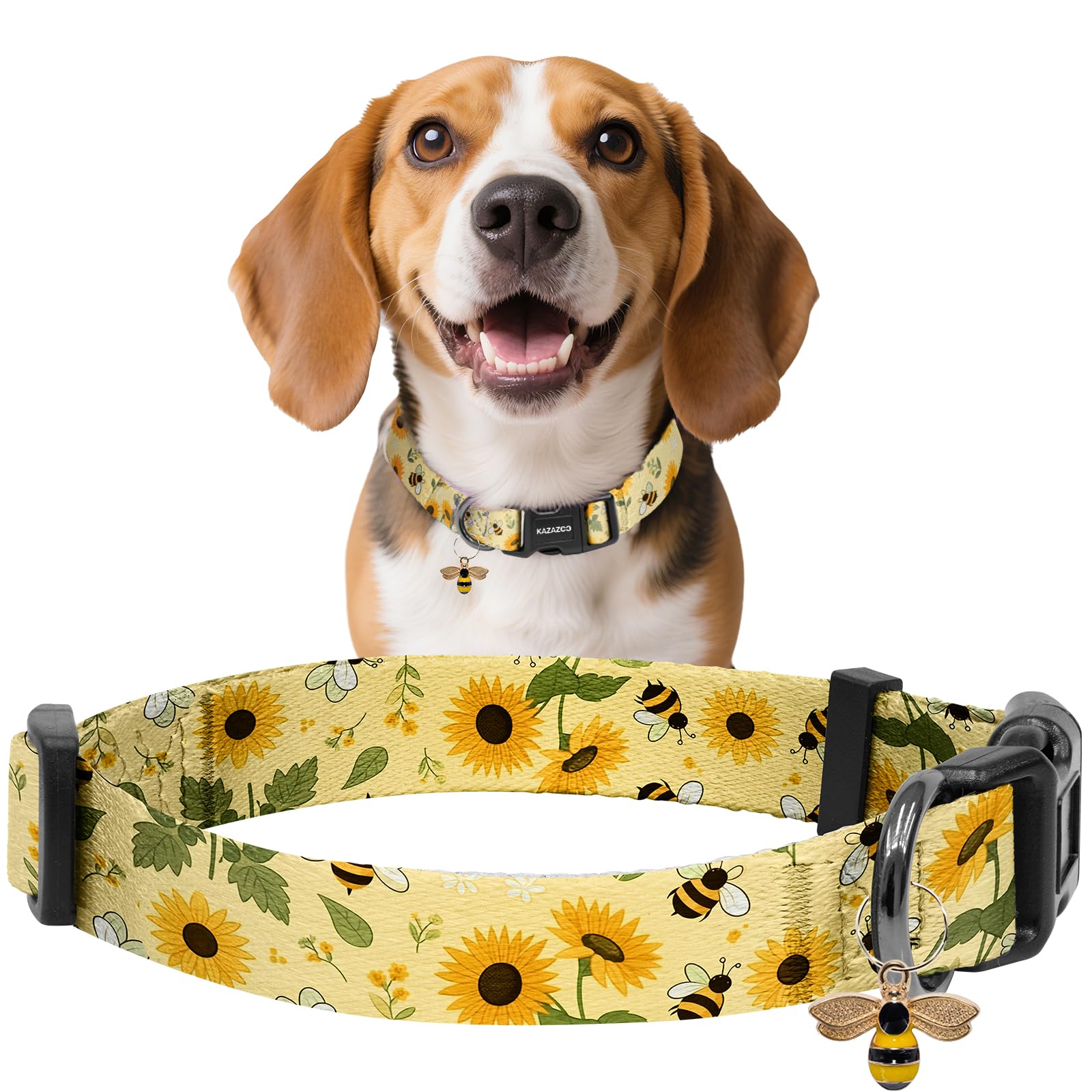 Kazazoo Dog Collar Cute and Soft Nylon Puppy Collar for Boy and Girl Dogs, Adjustable Dog Collars for Medium Dogs, Bees and Sunflowers-M