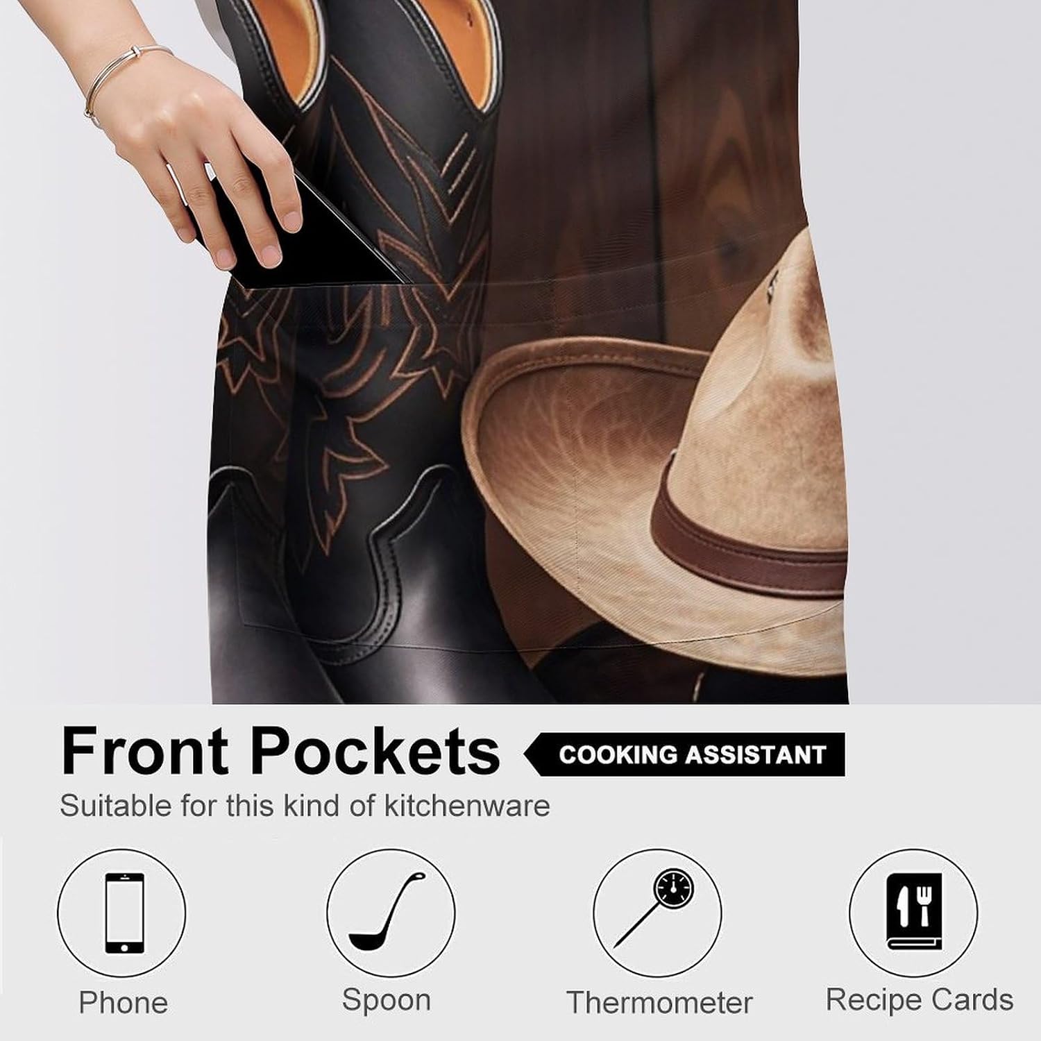 Cowboy Black Hat Western Boots Apron for Cooking Kitchen Chef Aprons with Pockets Unisex Professional Adjustable Bib Aprons Restaurant Waterdrop Resistant Apron for Men Women Waiter