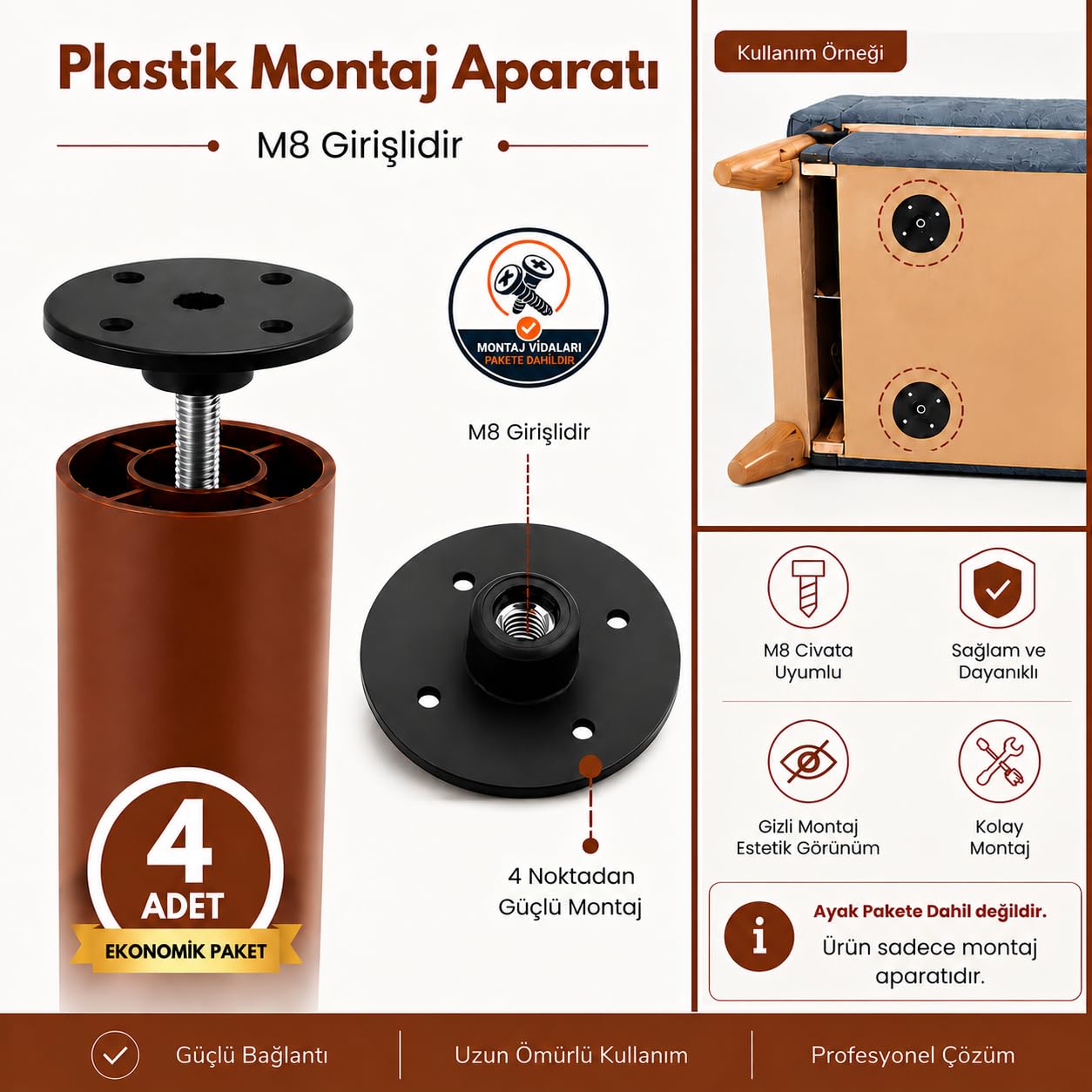4 ADET Mobilya Kanepe Baza Koltuk Sehpa Montaj Ayağı M8 Civata Plastik Bağlantı Aparatı Ayak Tabanı