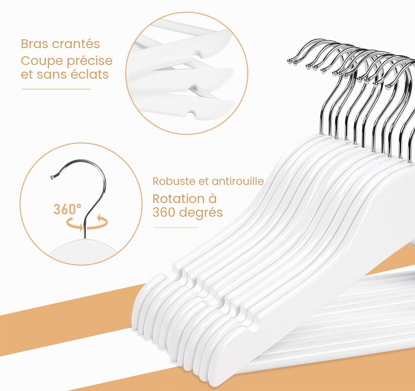Homewit Lot de 12 cintres en bois pour enfants avec encoches antidérapantes et barre de pantalon, rotatifs à 360 °, pour vêtements de bébé et tout-petits - Blanc - 30 cm