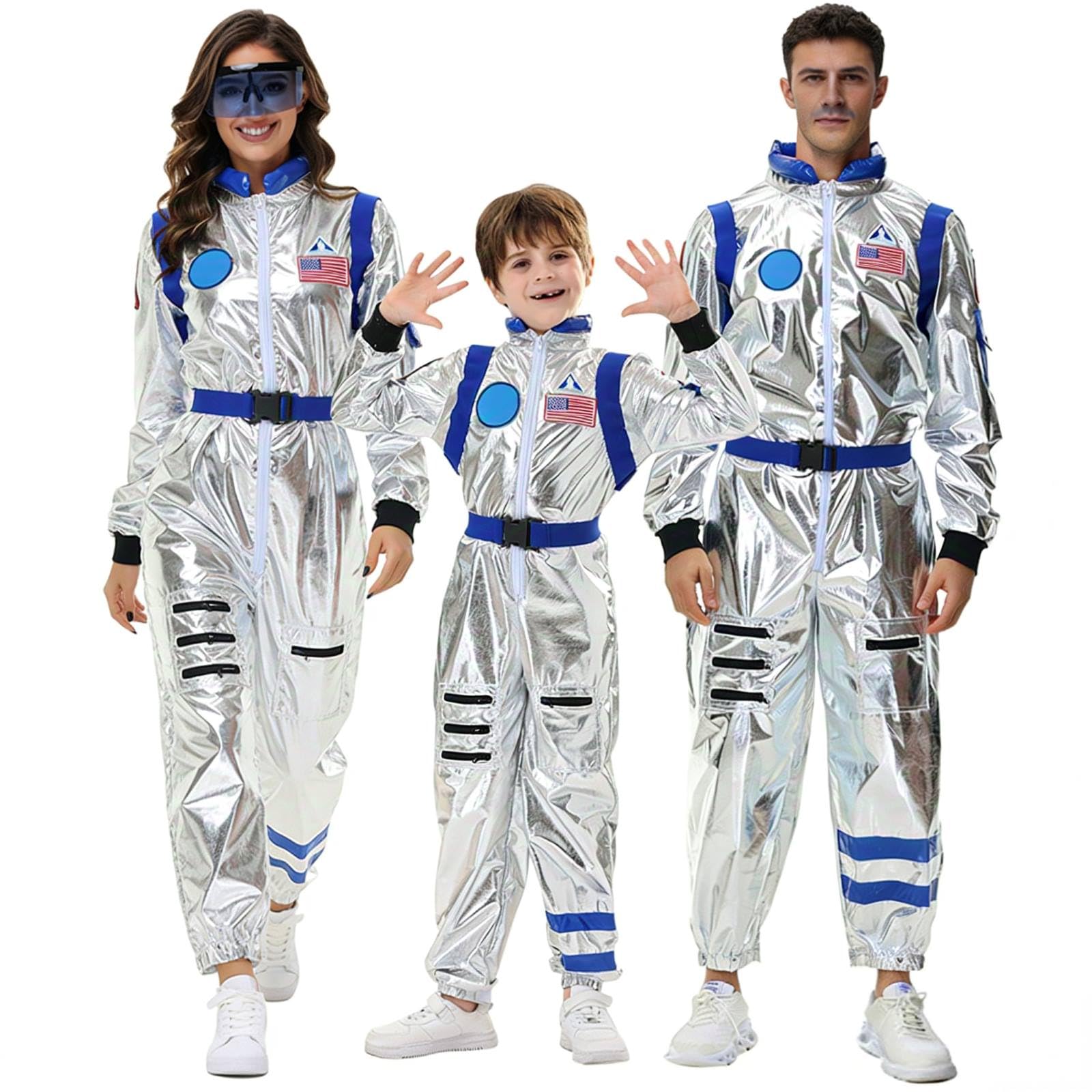 Astronauten Kostüm Familie Set Damen Herren Kinder, Silber Overall Space Weltall Kostüm Mit Gürtel, Faschingskostüme Astronaut Cosplay Outfit Weltraum Raumanzug