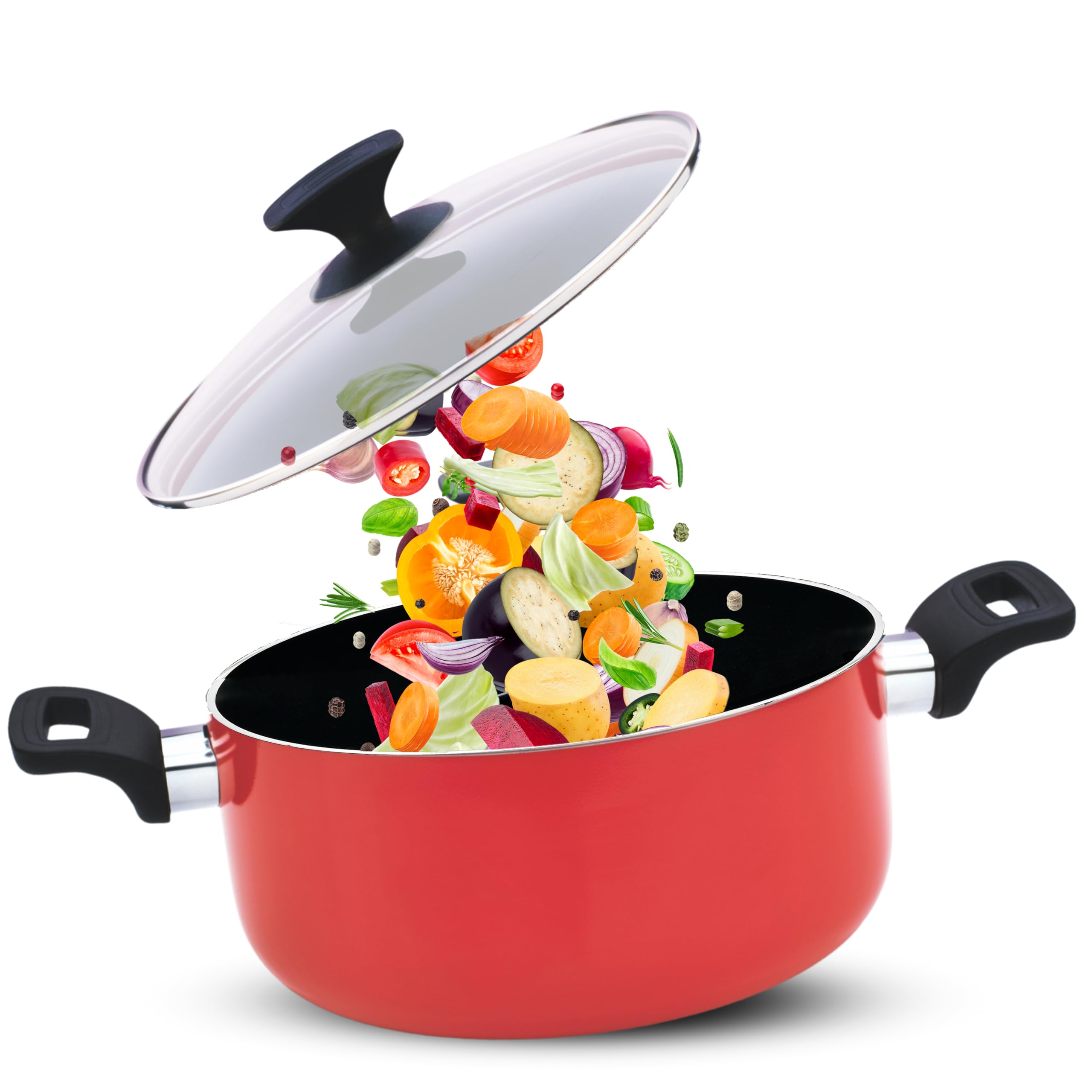 KITCHEN KING Casserole Dish with Lid for Oven and Hob Round Shallow Non Stick Krafto Casserole dishes with Lids Oven proof Black Dutch Pot Induction Compatible Aluminium PFOA free (Red, 28cm)