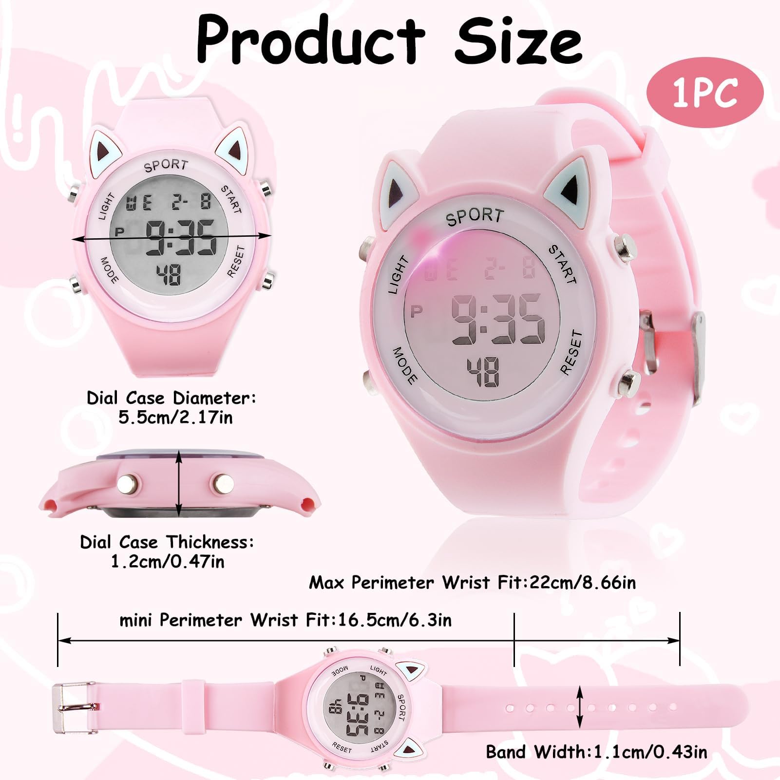 Reloj Digital para Niña con Disegno 3D Orecchie di Gatto Impermeabile 30M Alarma Cronómetro Luz