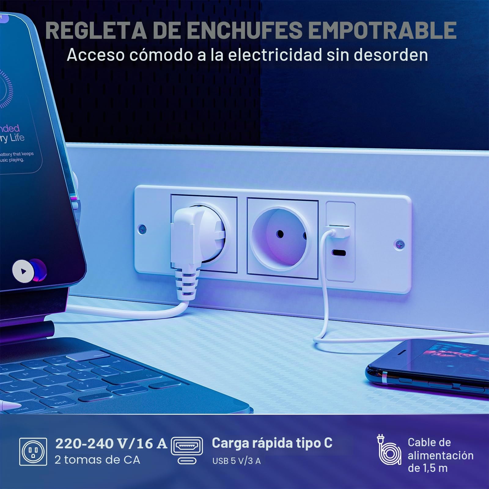 Grandder Escritorio Gaming 120x50 cm con Enchufe LED RGB Estantes Abatibles Cajón Organizador para PC Portátil Hogar/Oficina Incluye Bolso Fibra Carbono Negro
