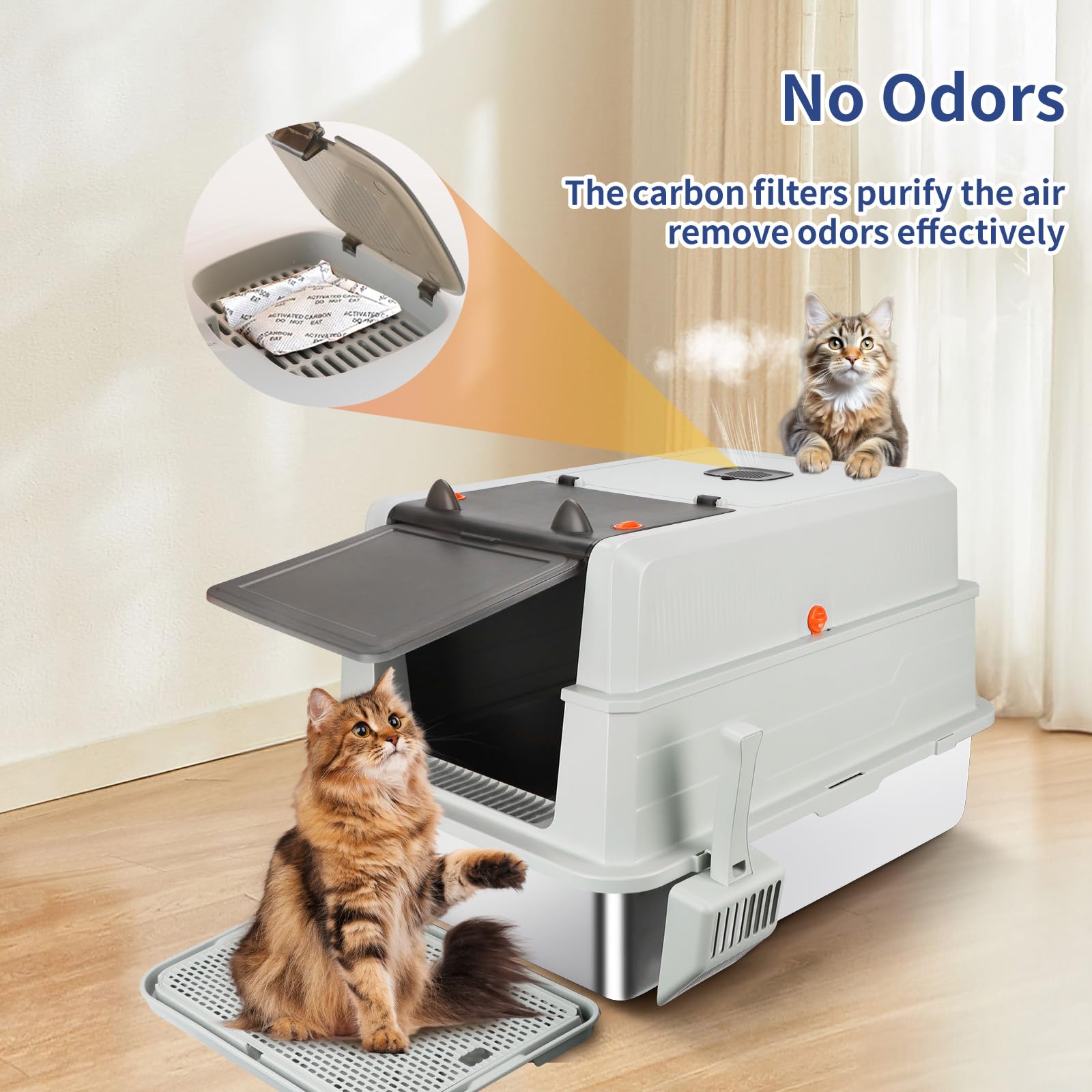 XXXL Stainless Steel Litter Box with Lid, Extra Large 28" L x 20" W x 17" H Enclosed Metal Cat Litter Box with Litter Scoop & Foot Pedal, Odor Control for Big Cats, Multiple Cats (Light Grey) - image 8