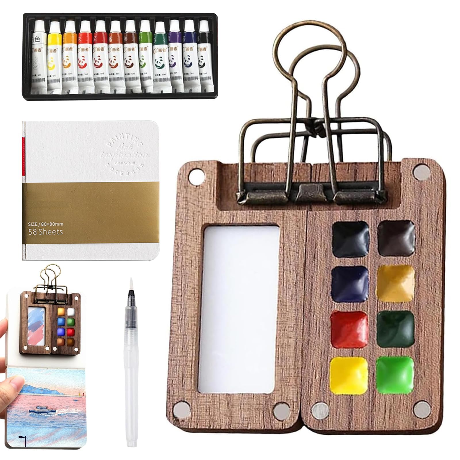 Elegant Wooden Portable Pocket Artist Watercolor Palette 8 Grids 12 Colours