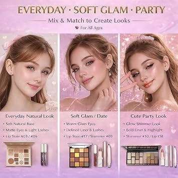 All in One Makeup Kit for Women & Beginners, Full Face Makeup Set with Eyeshadow Palette, Lip Gloss, Foundation & Brushes, Makeup Gift Set for Teens & Girls, Suitable for Different Skin Tones