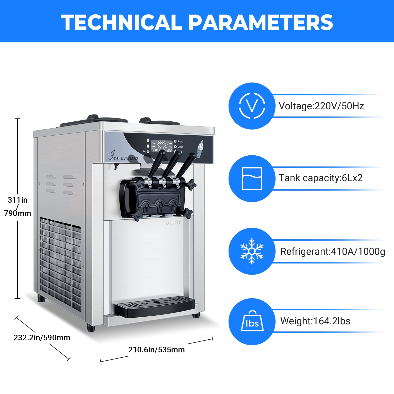 LEEVOT Gelatiera Elettrica Professionale per Gelati, macchina per gelato commerciale 25L/H con compressore di auto-raffreddamento, 12L, pronto in 3-5min, acciaio inox, 1650W, da banco