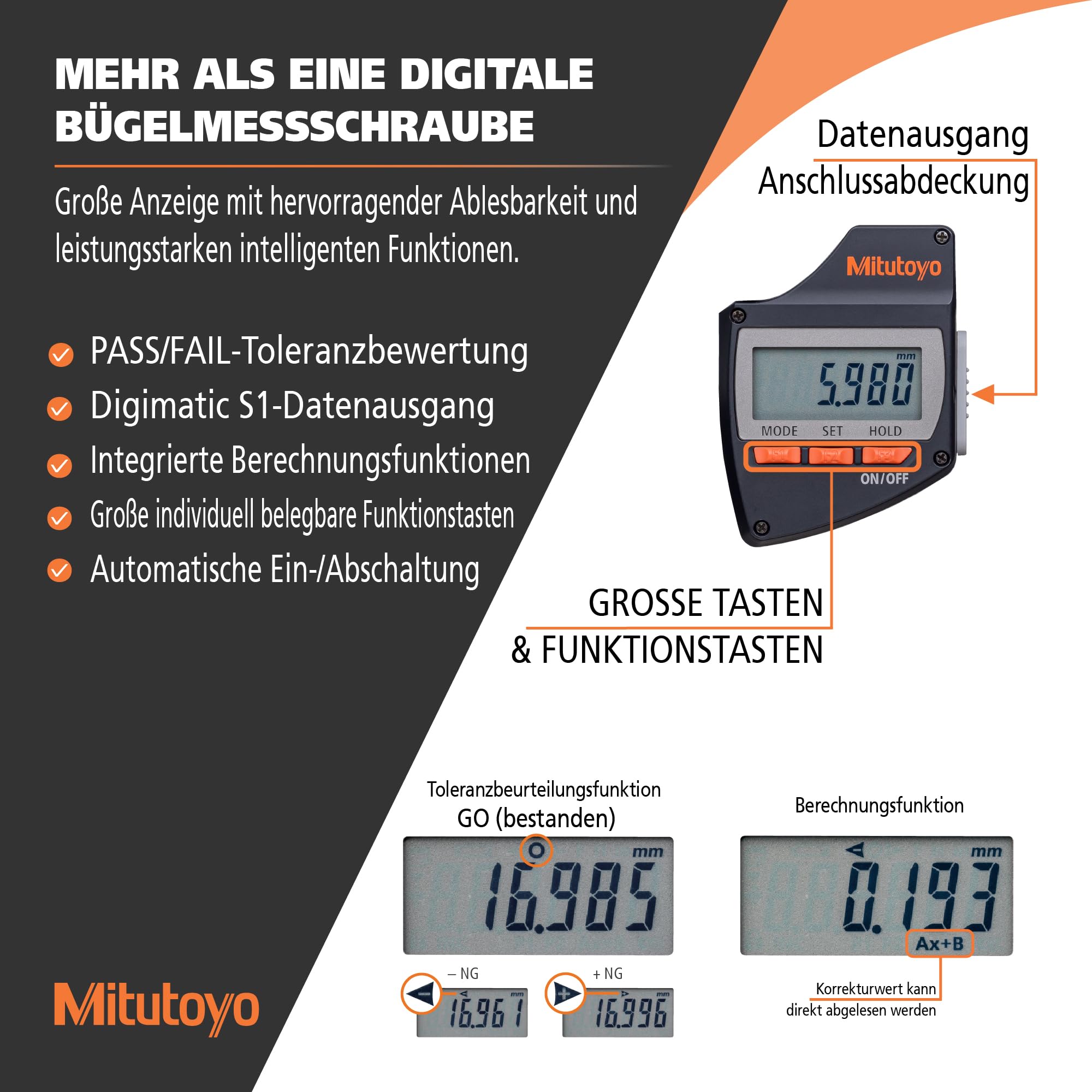 Mitutoyo 293-140-40 ABS Digital-Mikrometer MD-E25, 0-25 mm | 0,001 mm, bidirektionale Daten, IP65