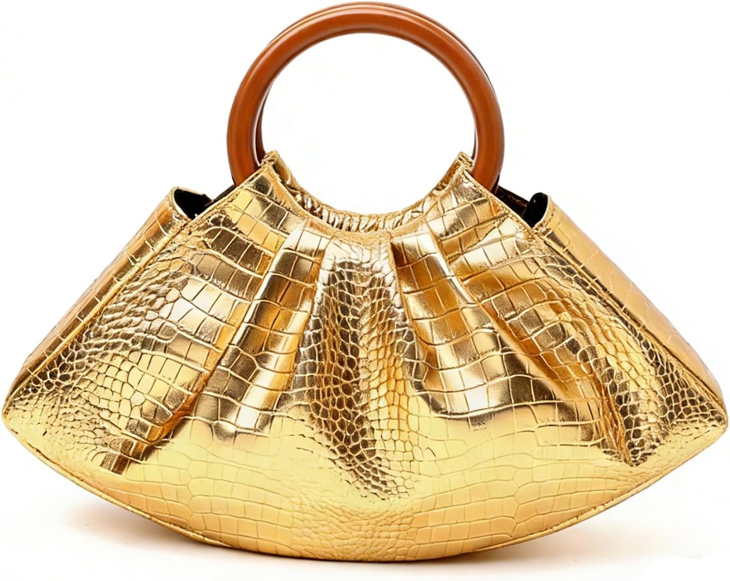 Women's Ruched Puffy PU Leather Handbag - Double Retro Wooden Handle Mini Tote