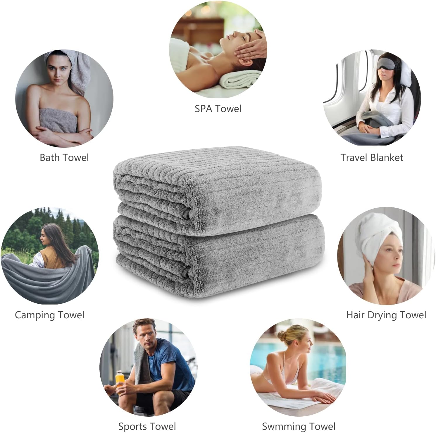 浴巾2条，（27 x 55英寸） 微纤维超柔软的高吸收性浴巾套件，轻巧和快速干燥的毛巾，体育，运动，瑜伽，水疗，水疗，健身，黑色，黑色 标题(灰色, 2件)