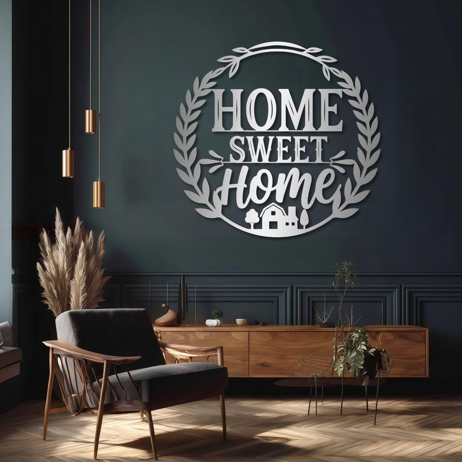 Schwarzes Metall-Wandbild „Sweet Home“ im Landhausstil, Wanddekoration für Eingangsbereich, Wohnzimmer, Schlafzimmer, Flur und Treppenhaus, Natur-Wohndeko (Schwarz, 48 cm breit)