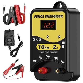 Electric Fence Energiser Kit 12V 2J- Connectors - 10Km Range, IPX5 Waterproof with LED Display, Weatherproof, Fencing Energizer for Horses, Pet and Animals
