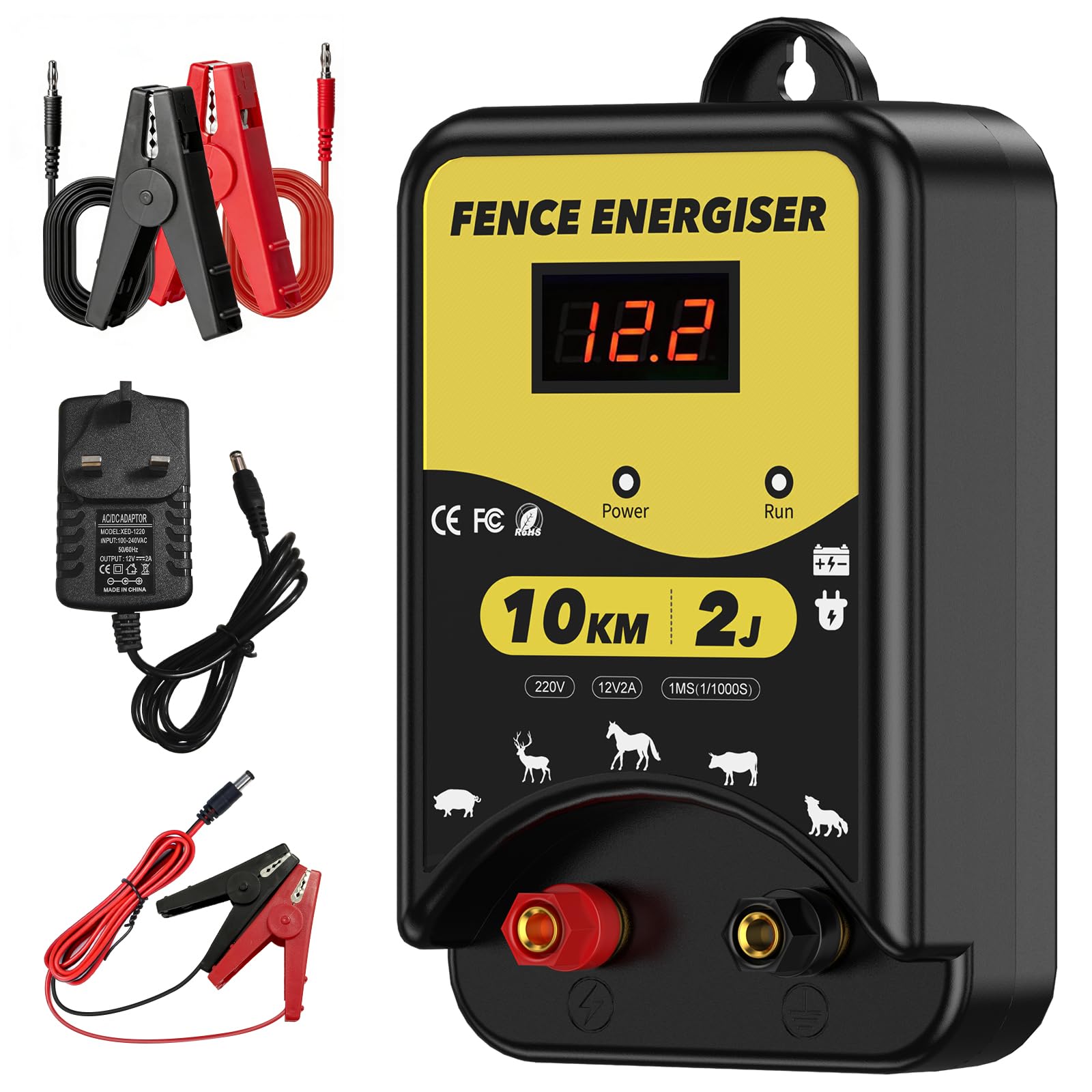 Kit d'électrificateur de clôture électrique 12 V 2J - Connecteurs et piquet de terre - Portée de 10 km - Étanchéité IPX5 avec écran LED - Résistant aux intempéries - Pour chevaux, animaux domestiques