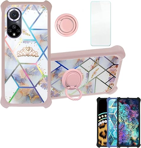 Funda para Huawei Nova 9, compatible con Huawei Nova 9, con protector de pantalla de vidrio templado, PC + TPU 2 en 1, soporte de anillo, luz