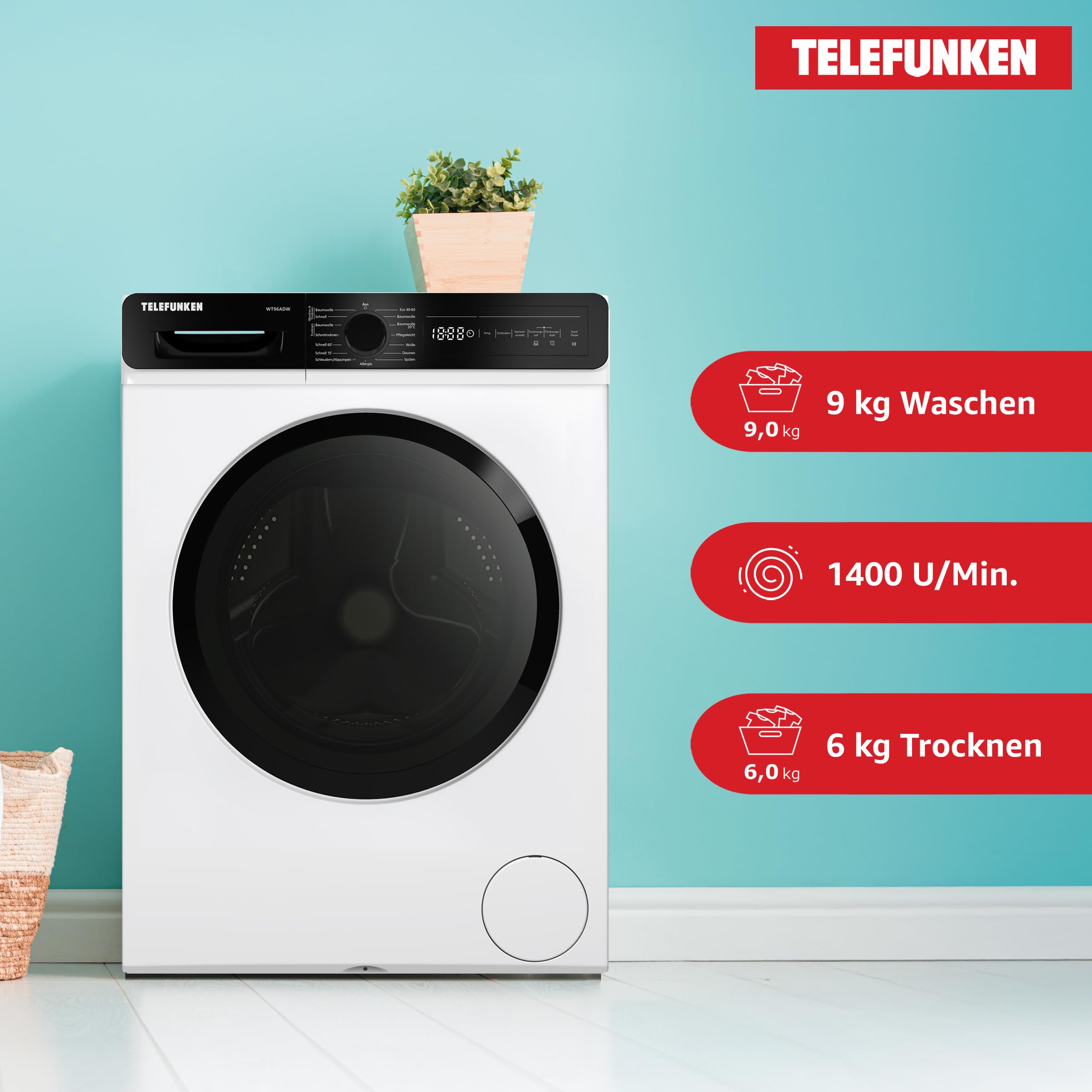 Telefunken Waschtrockner, 9 kg Waschen / 6 kg Trocknen, Waschmaschine mit Trockner integriert, 1400 U/Min, Frontlader Waschtrockner Kombi, Inverter Motor, AquaStop, Energiesparend, Weiß, WT96ADW