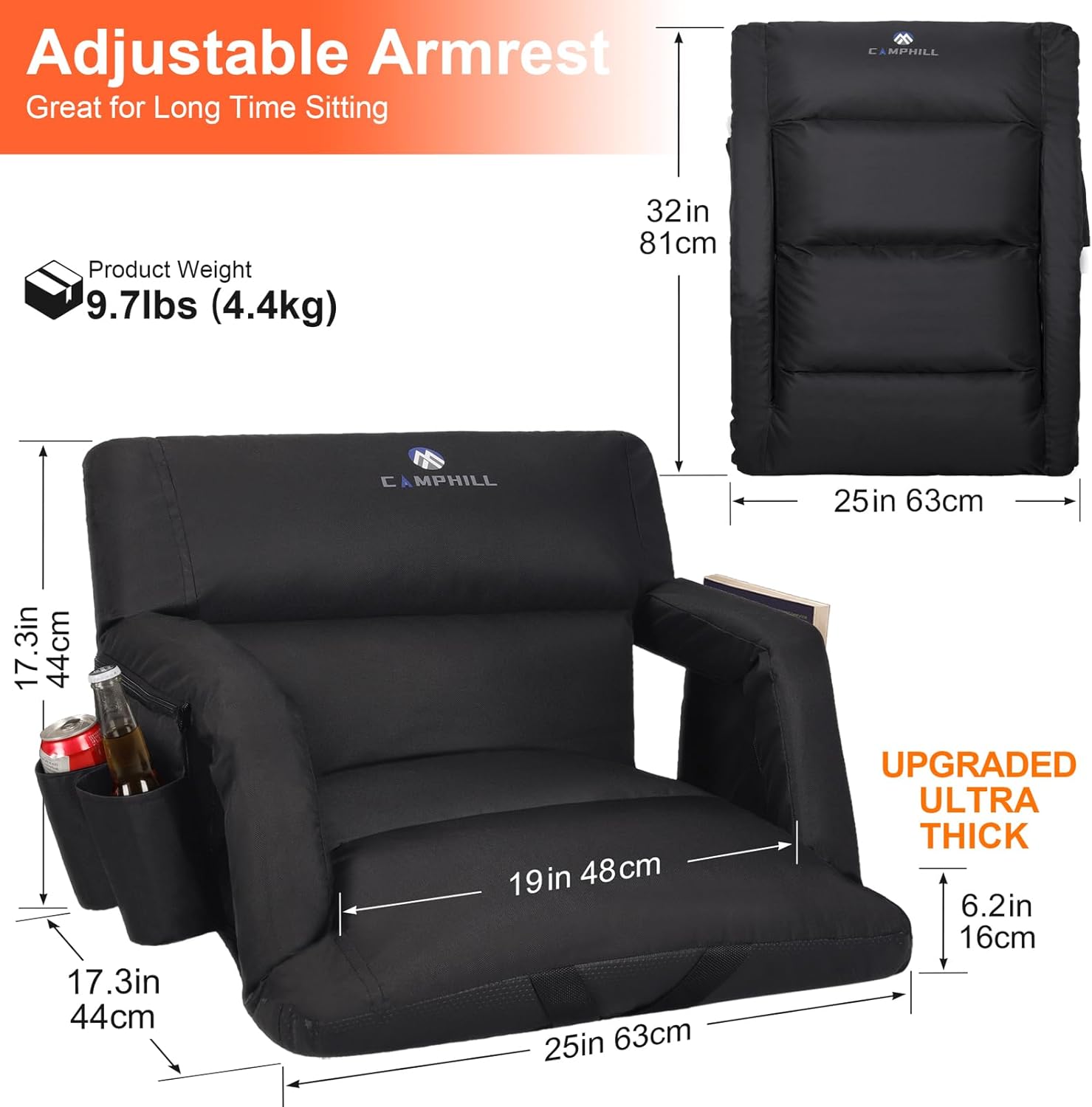 CAMPHILL Wide Stadium Seat with Back Support & Padded Cushion,Portable Reclining Bleacher Seats,Camping Stadium Chair with Armrests,Waterproof
