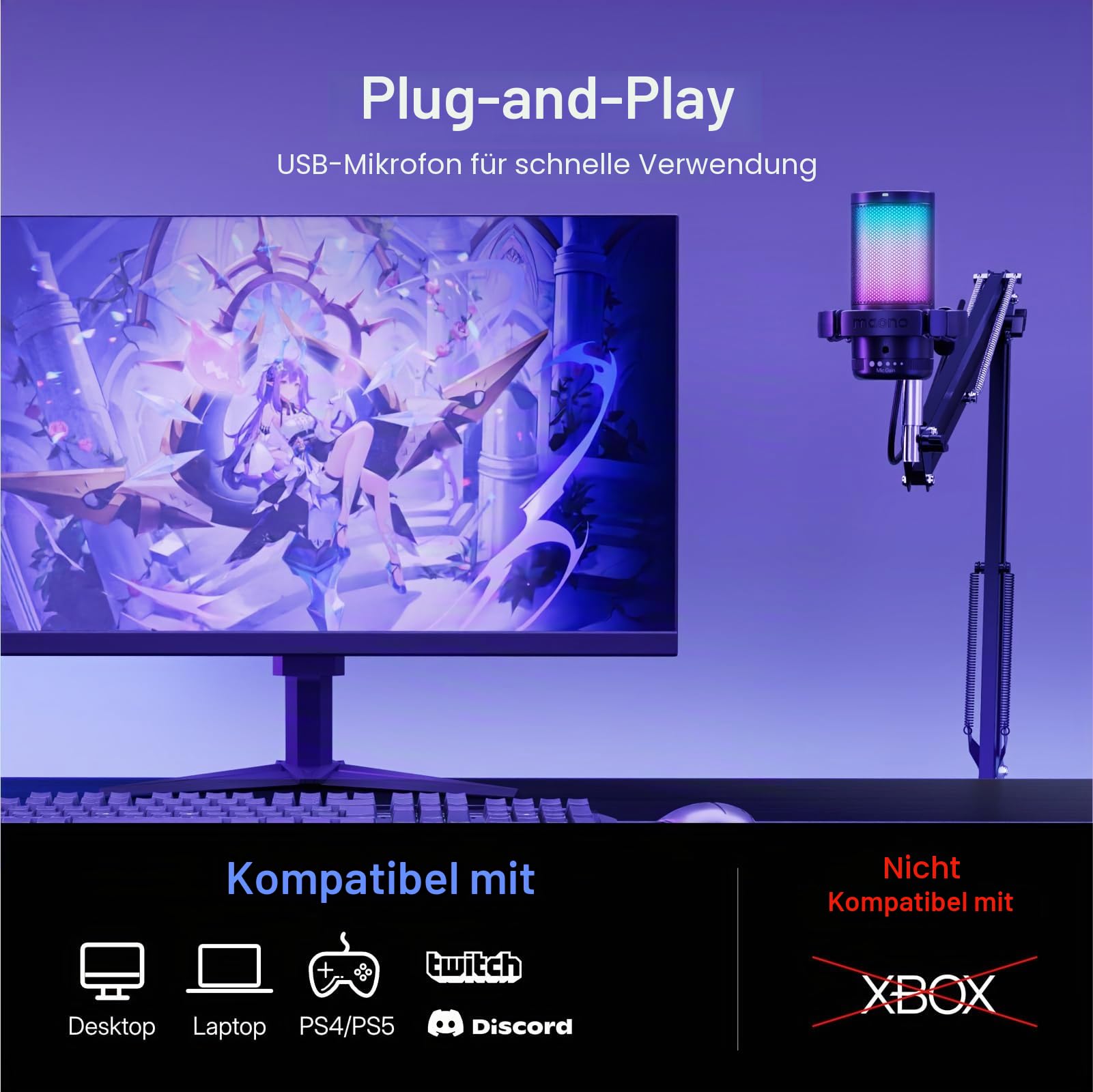 MAONO DGM20S Gaming USB Mikrofon, Noise Cancellation Kondensator Mic mit Mute, Gain, Monitoring, Galgenarm, Pop-Filter für Streaming, Podcast