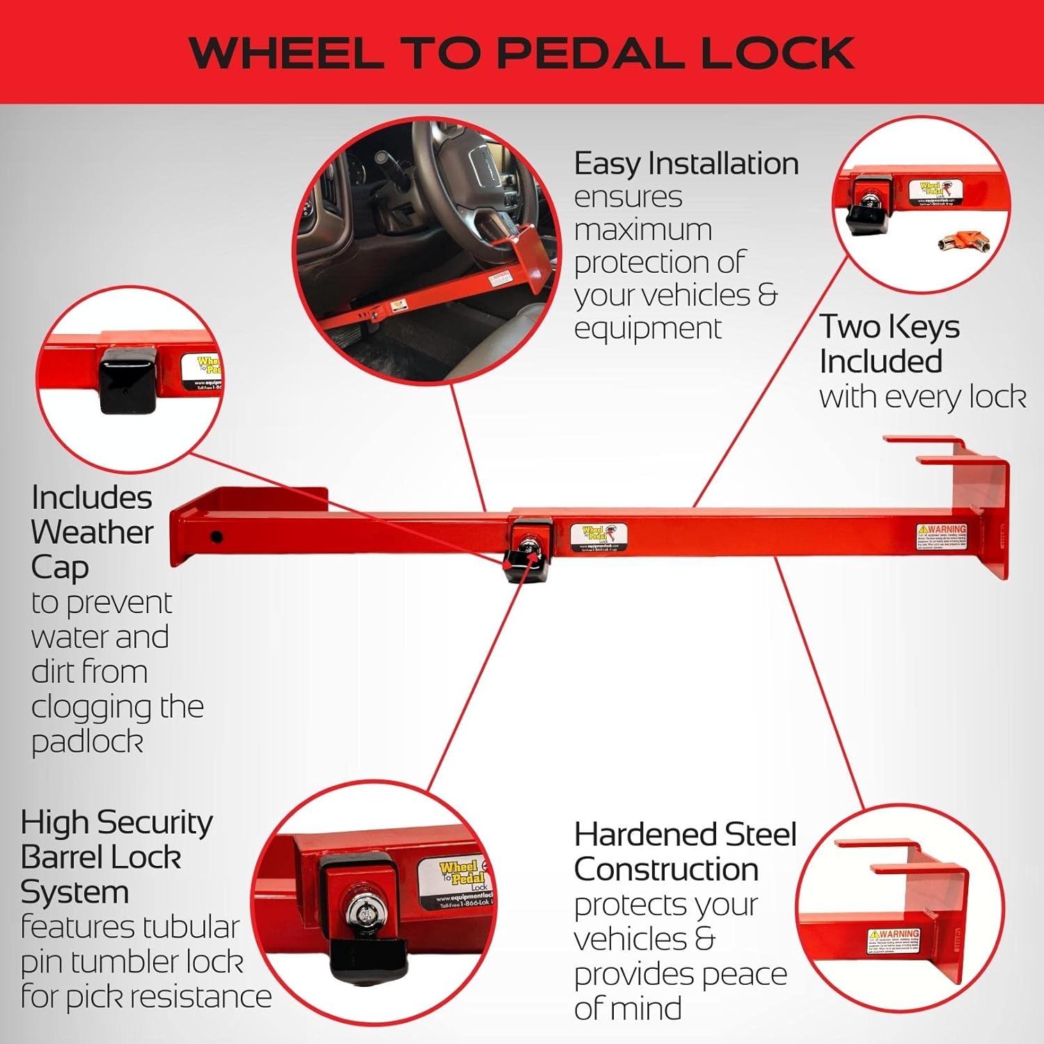 Equipment Lock Wheel to Pedal Lock - Powder Coated Steel Car Steering Wheel Lock - Heavy Equipment, Truck and Car Theft Prevention Device (Keyed Differently)
