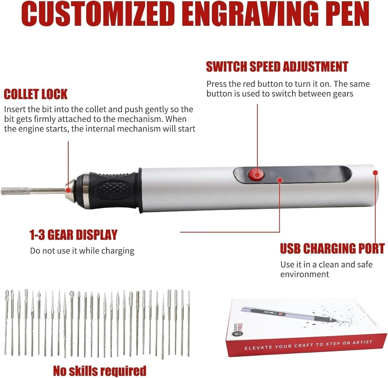 Stylo Graveur Électrique Sans Fil Rechargeable USB - Kit Complet avec 30 Têtes de Gravure et 16 Gabarits pour Métal, Bois, Verre, Pierre, Plastique, Céramique