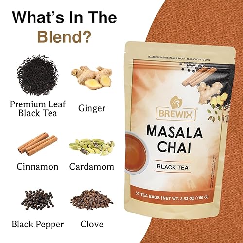 Miniatura 2 de BREWIX, Masala Chai - Bolsas de té (50 bolsas de té piramidales) fuertes, robustas y picantes, ingredientes puros, té negro, canela, jengibre,