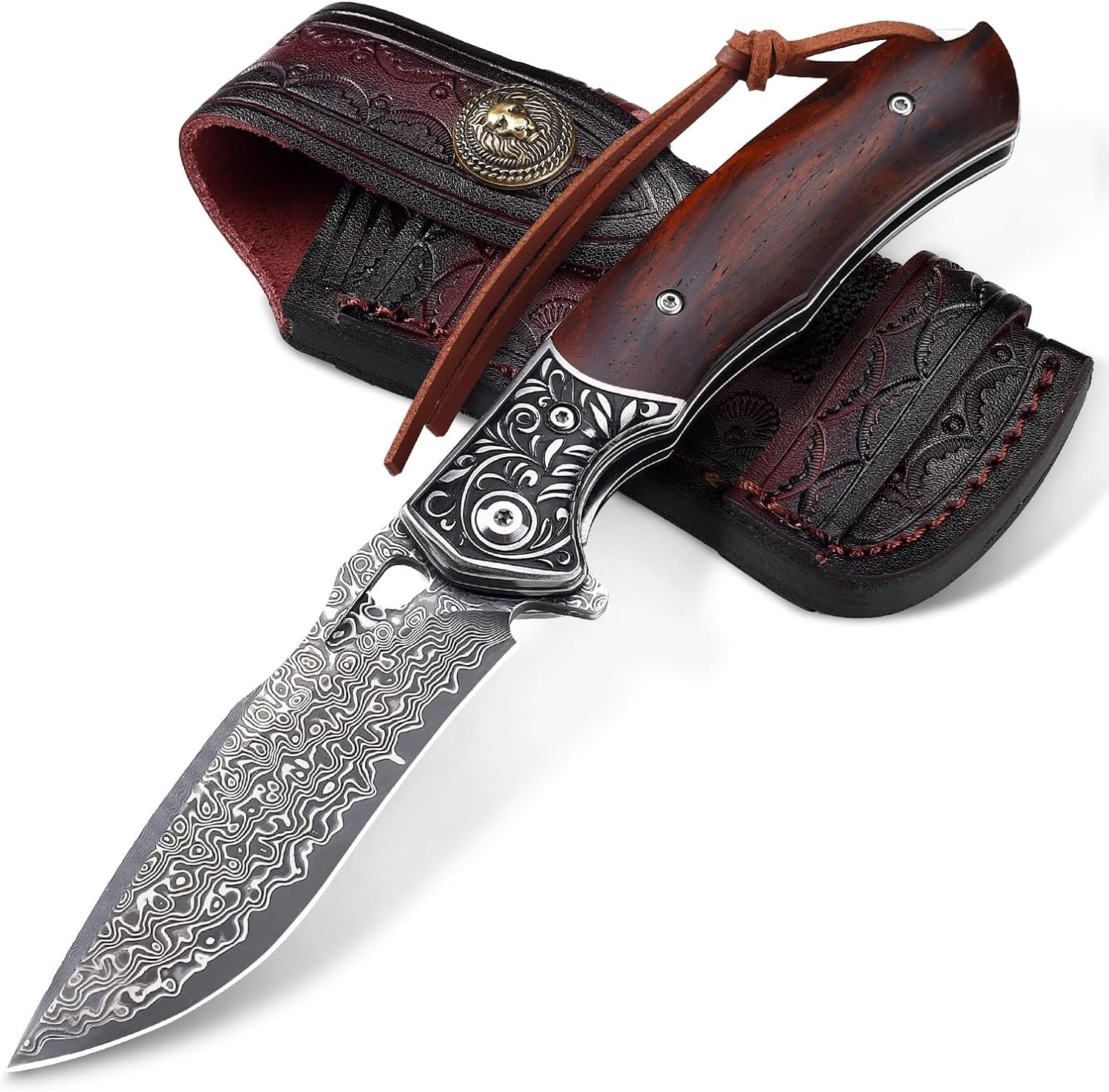 Omesio Damast VG10 Stal Scyzoryk EDC Drewniana Rękojeść Etui | Scyzoryk EDC ze stali damasceńskiej VG10, drewnianą rękojeścią i skórzaną pochwą, do campingu, wędrówek i outdoor