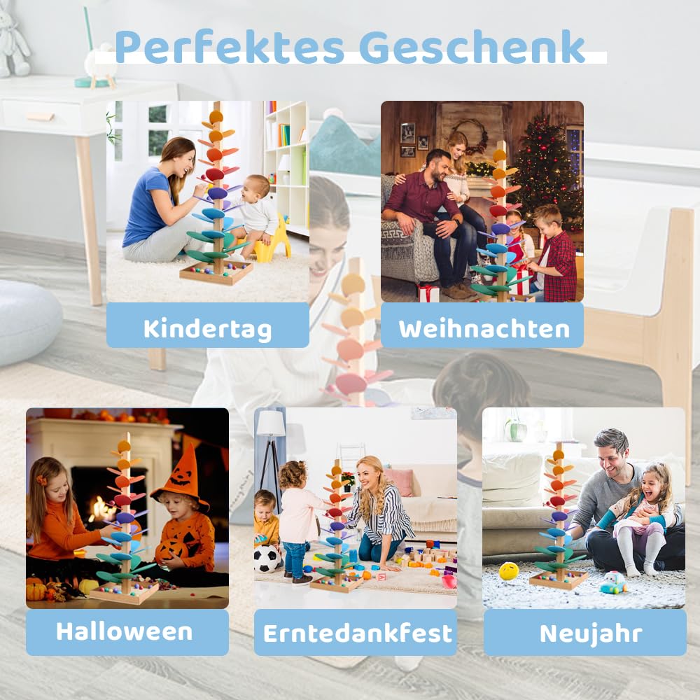 Kugelbahn Holz, 30 Regenbogen Kugelbahn Motorikspielzeug, Musikbaumspielzeug, klangbaum Holz, Montessori Spielzeug Ab 3 Jahre mit 10 Regenbogenbälle, 6 Bunte Ebenen Für Mädchen Junge