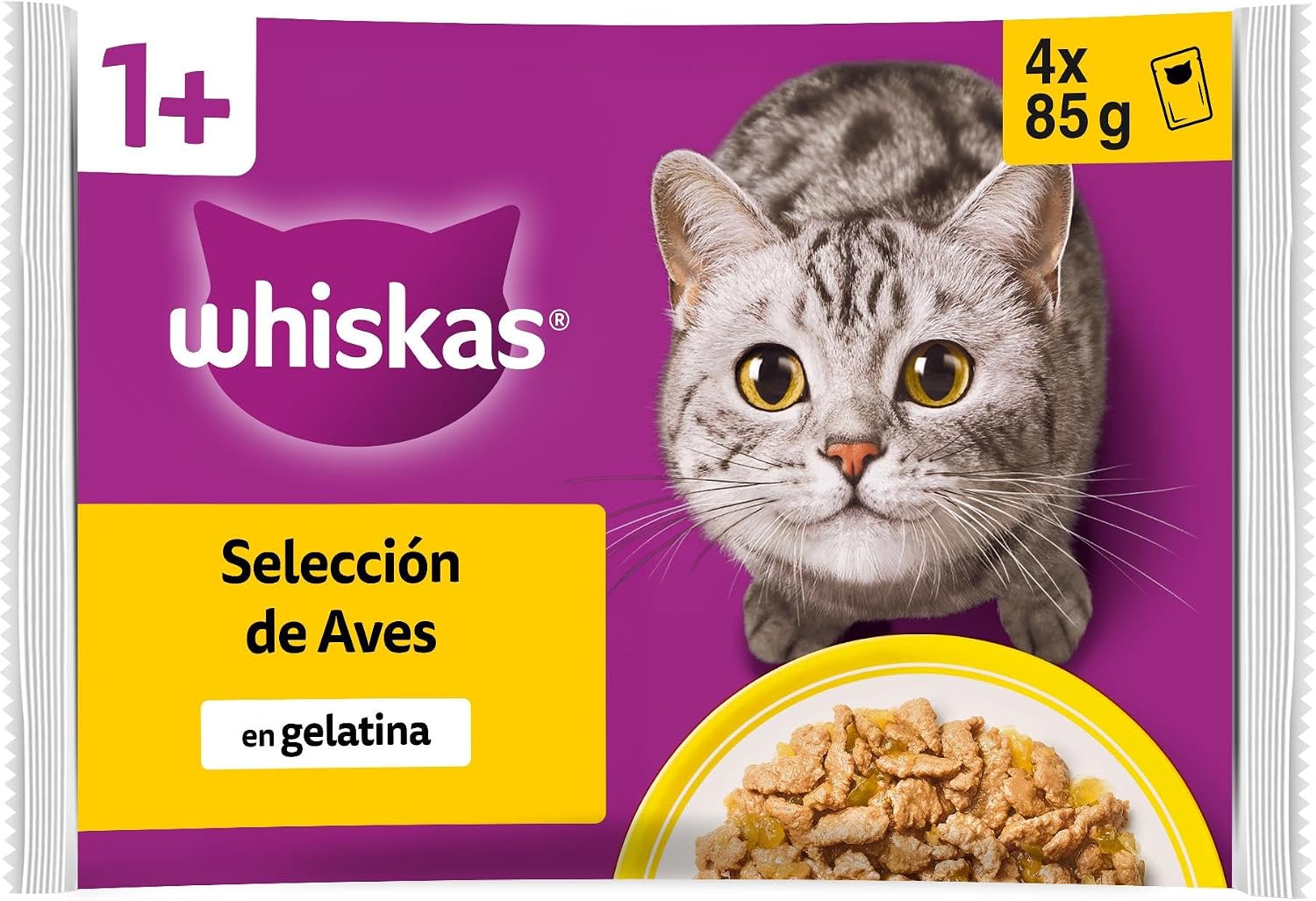 Whiskas Comida Humeda para Gatos Adultos Seleccion Aves en Gelatina 52 x 85 g — Seleccion Aves en Gelatina 13 x 4 bolsitas x 85 g 4.42 kg