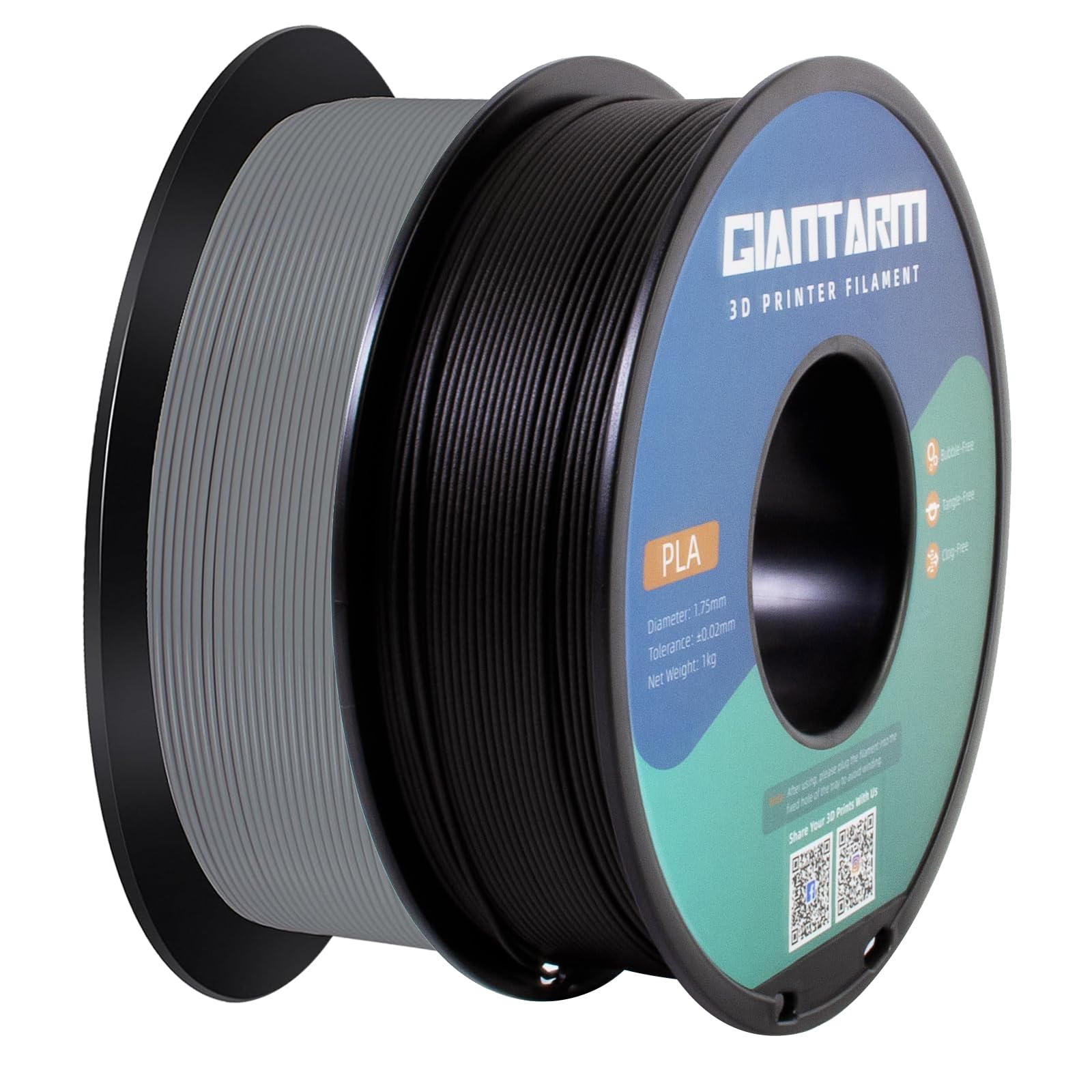 GIANTARM 3D Printer Filament,Black &amp; Grey 2kg PLA Filament 1.75mm,Dimensional Accuracy +/- 0.02 mm,2pcs 1kg Spool (2.2lbs) Fit Most FDM 3D Printers