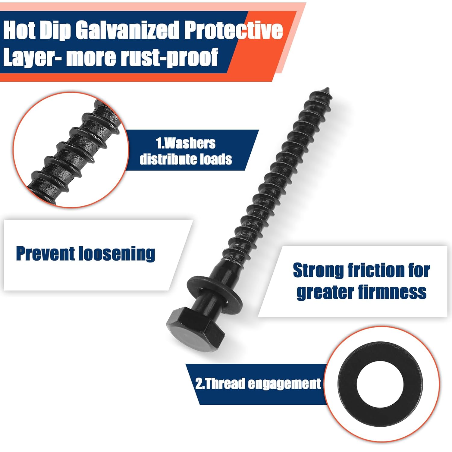 Tandefio 50 Pack 3/8''x 4'' Ceramic Black Lag Screw Kit with Washers Hex Lag Bolts Wood Screws Heavy Duty Ruspert Coating Hot Dip Galvanized Double Layer for Wood Decks Fences