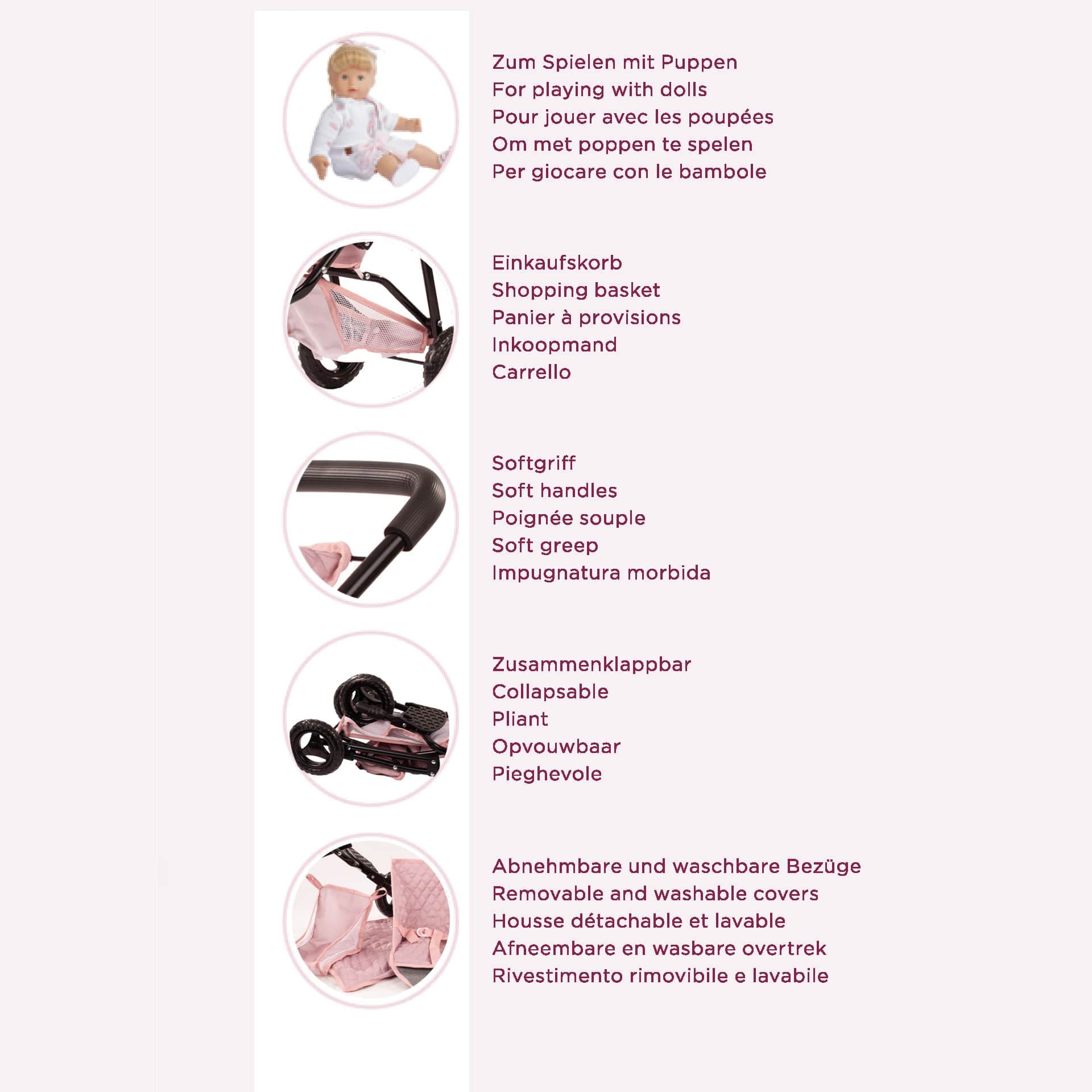 Götz 3403369 Passeggino per Bambole a 3 Ruote Soft Mood - Passeggino per Bambole Adatto a Tutte Le Bambole Fino a 50 cm - Altezza Scorrevole Circa 54 cm