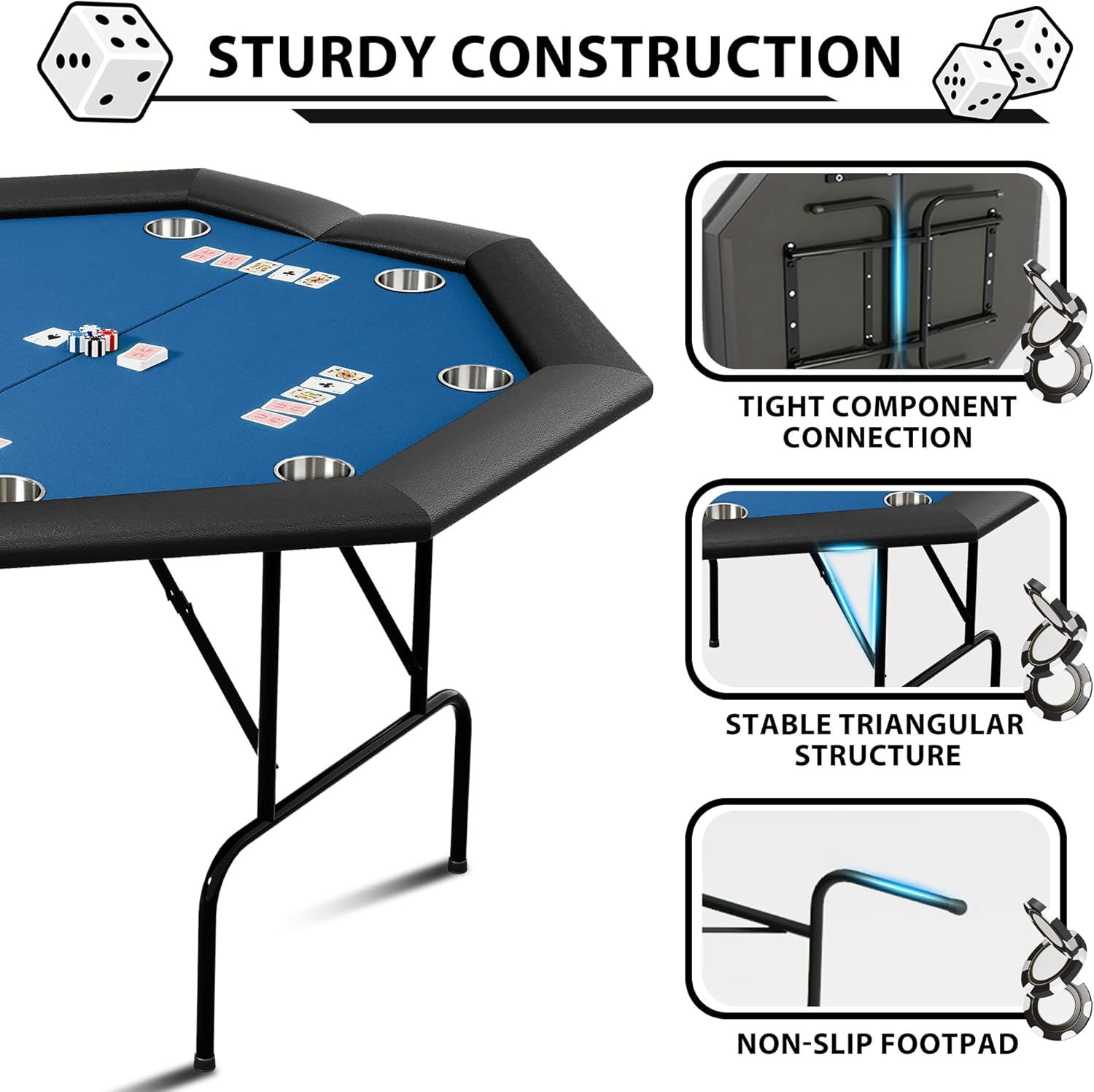 Poker Table with Collapsible Legs, Water-Resistant Cushioned Rail Casino Gaming Table