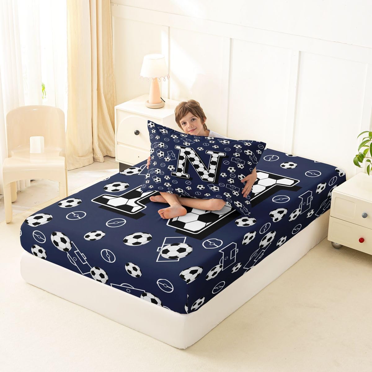 Erosebridal Alphabet Letter Soccer Bedding Set Twin Modern Football Personalized Initial N Bed Sheets Ball Sport Gaming Room Decorative Sheet Set,Monogrammed Soccer Court Fitted Top Sheets 3 Piece image 4