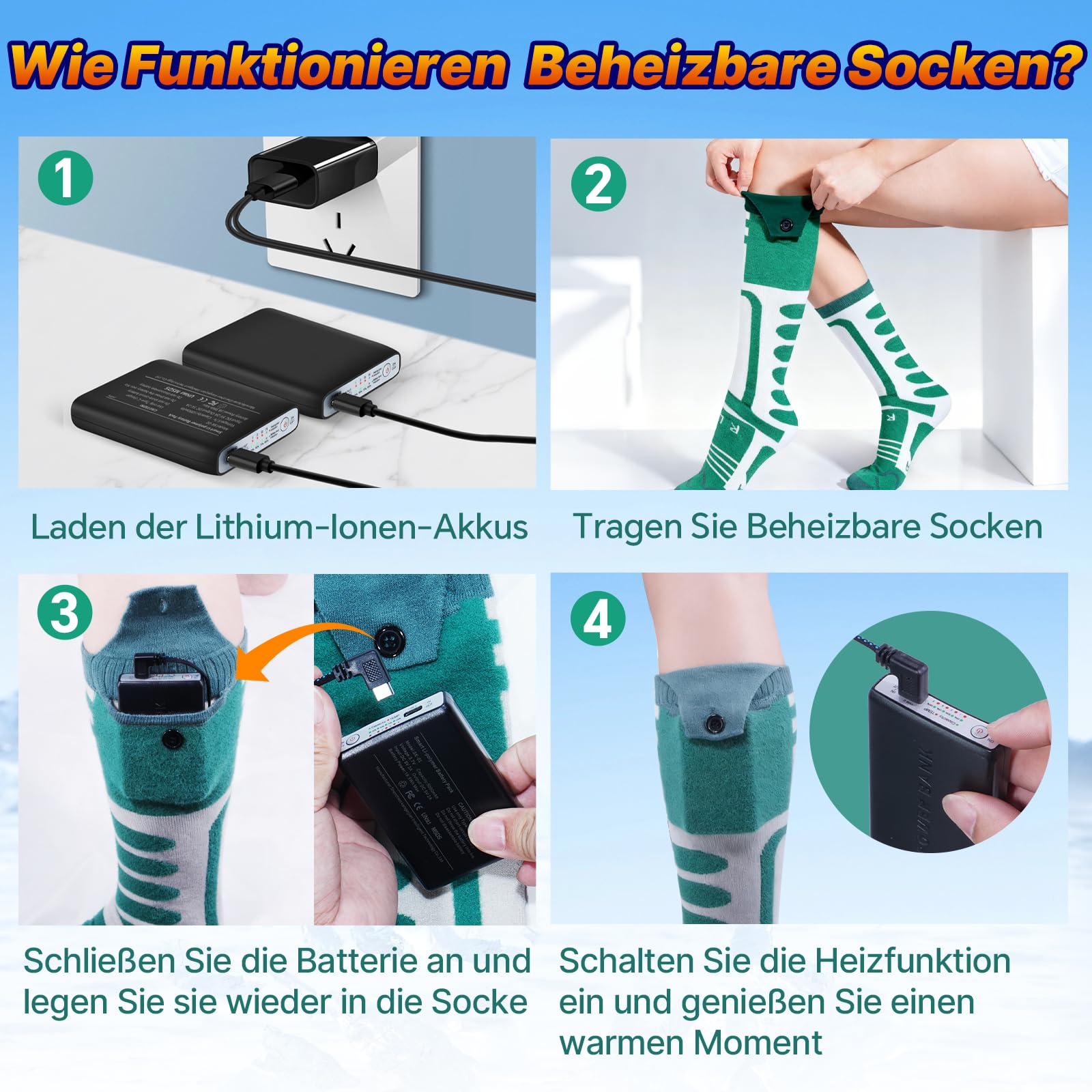 Beheizbare Socken mit Akku 5V 10000mAh Wiederaufladbare Steuerbar über App Elektrisch Heizsocken für Damen Herren, Fußwärmer Unisex Beheizte Socken für Skifahren/Radfahren/Angeln/Jagd/Camping (XL)