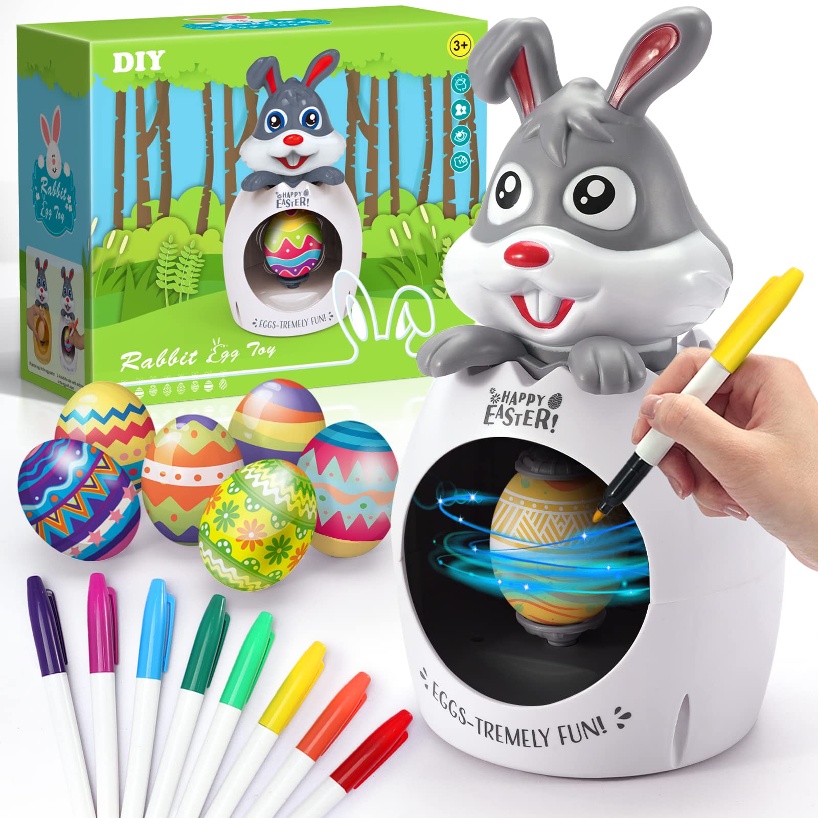 Easter Gifts for Kids, Easter Egg Decorating Kit, Easter Basket Essentials DIY Coloring Spinner with 8 Colorful Markers & 6 White Eggs, Easter Basket Stuffers/Fillers Bunny Toys for Kids Toddlers