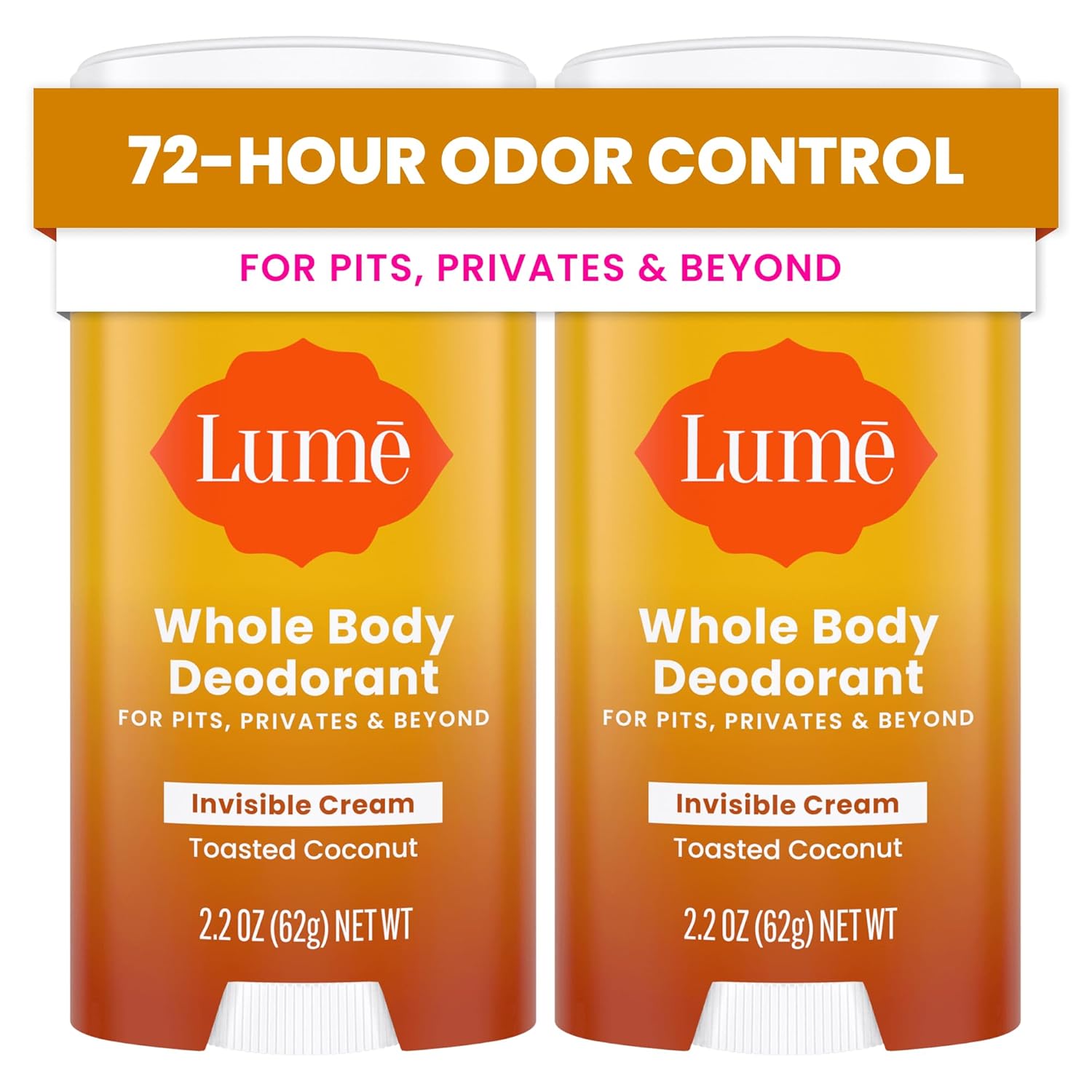 Lume Whole Body Deodorant - Invisible Cream Stick - 72 Hour Odor Control - Aluminum Free, Baking Soda Free, Skin Safe - 2.2 Ounce Pack of 2 Toasted Coconut