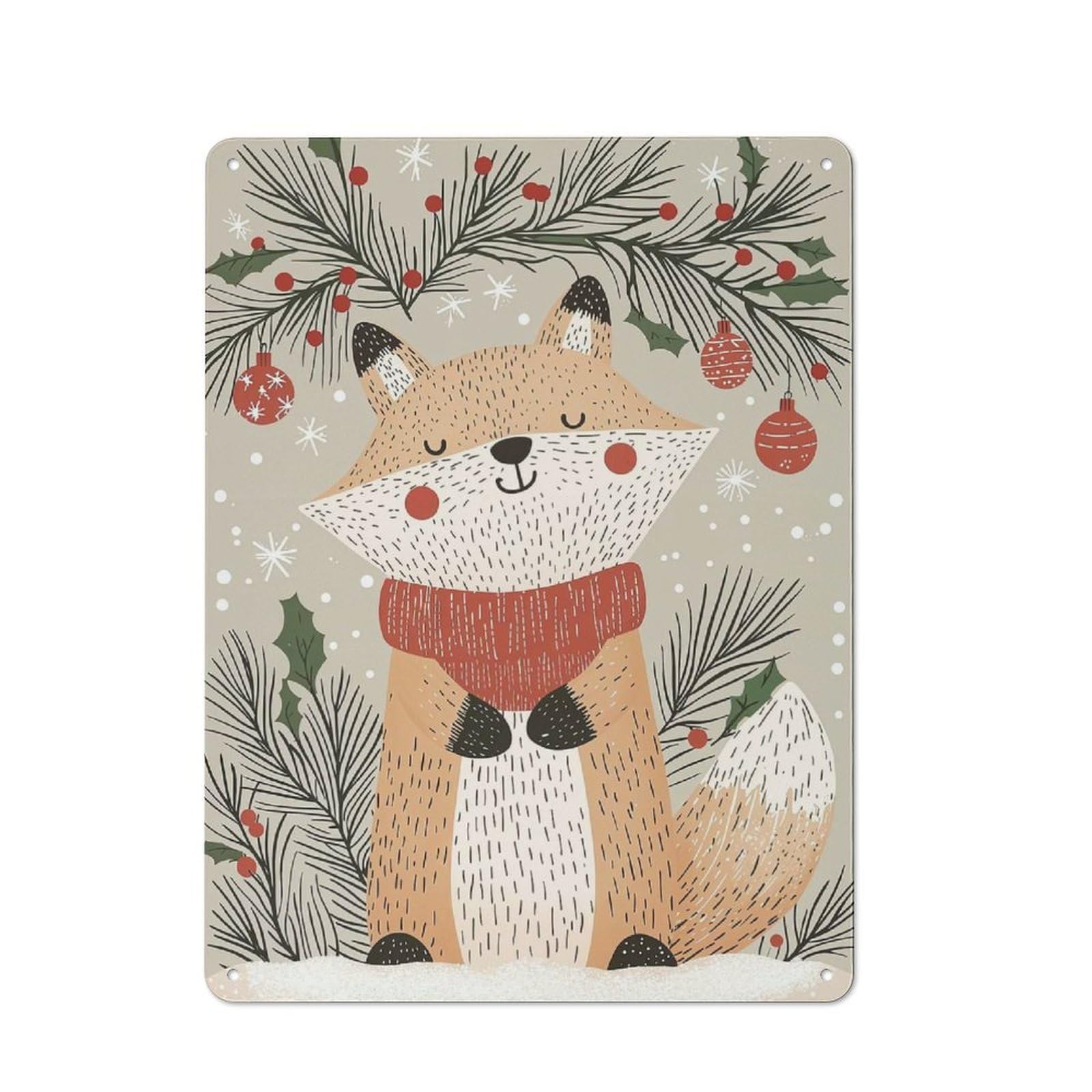 Junmoney Christmas Fox Illustration Metal Sign 40X30cm With For Pub Or Café, Retro Decor, For Cooler-Month Interiors With Retro Character
