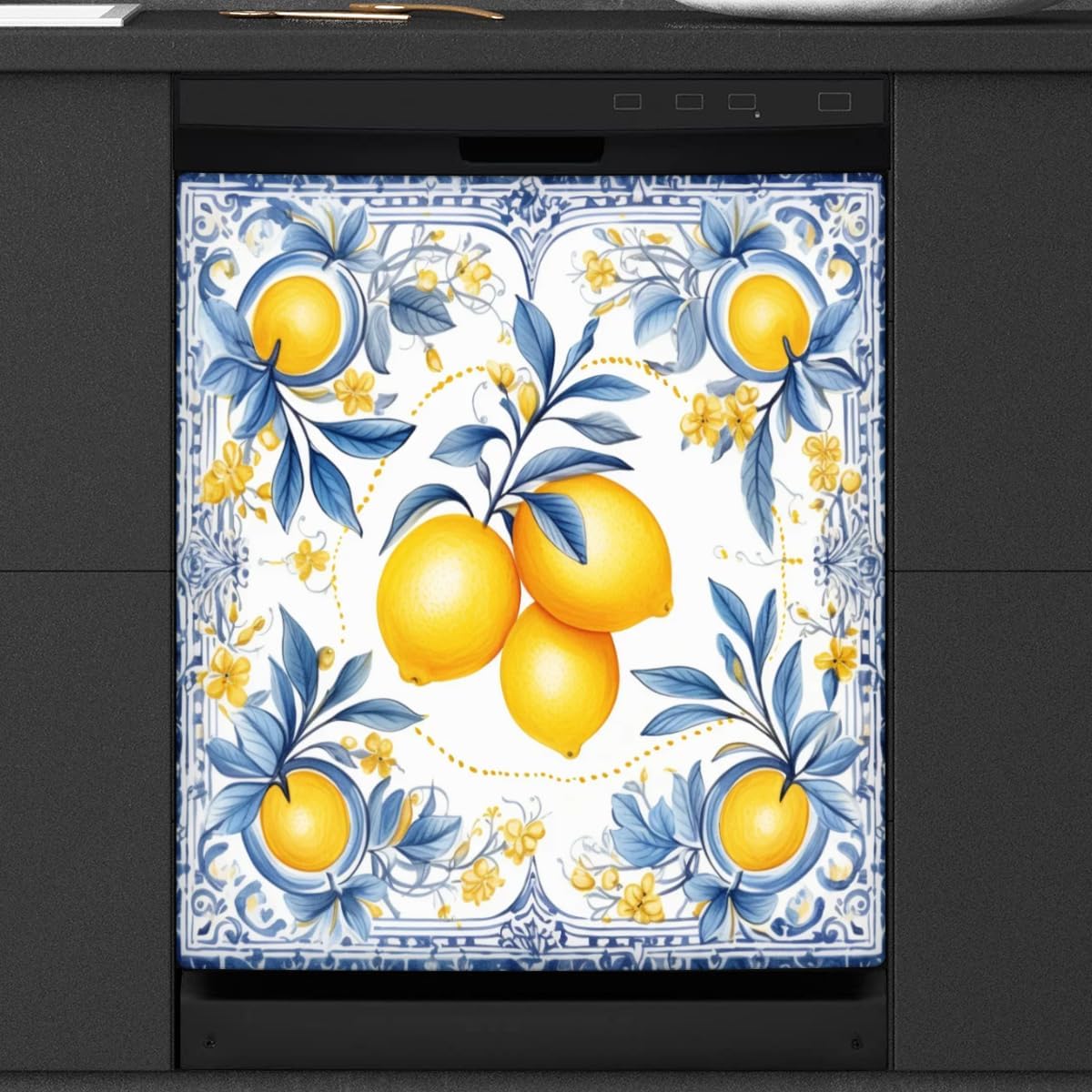 Dishwasher Magnet Cover Vintage Bohemian Floral Lemon Decorative Magnetic Dishwasher Sticker Front Dishwasher Door Cover 23"x26" for Refrigerator Panel Washing Machine Kitchen Decor
