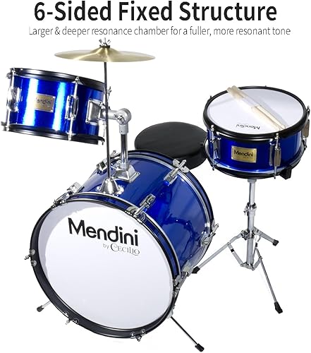 Miniatura 58 de Mendini By Cecilio Juego de batería para niños, 3 piezas para principiantes con bombo Tom Snare, kit de batería de 13 pulgadas con caja, platillo
