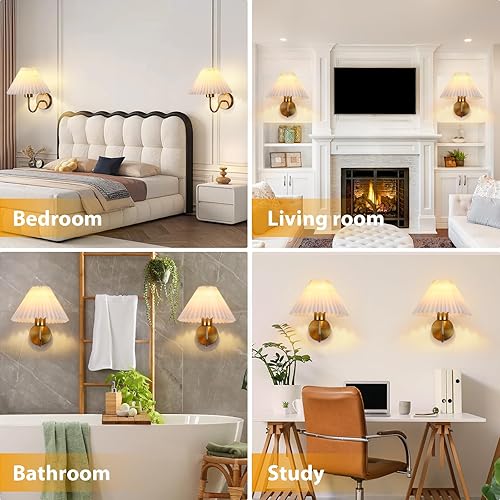 Miniatura 7 de Juego de 2 apliques de pared dorados para interiores con pantalla de tela, lámpara de pared de tela plisada, lámpara de pared cableada para