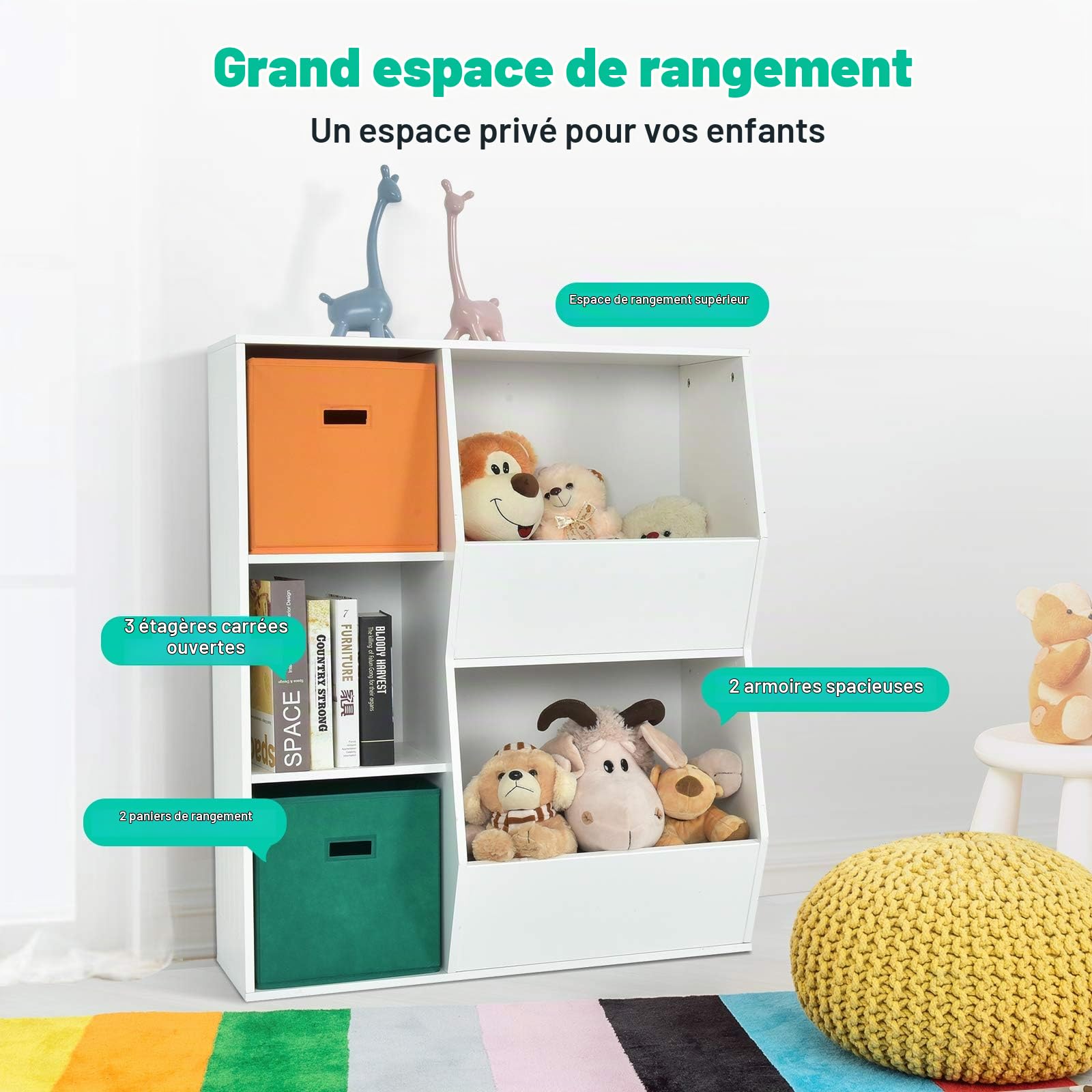 DREAMADE Bibliothèque d'angle Enfant à 3 Niveaux Meuble de Rangement Garçon et Fille avec Tiroirs en Tissu,Dispositif Anti-basculement Étagère pour Jouets,Livres,Chambre,Salon (Blanc, 5 Casiers)