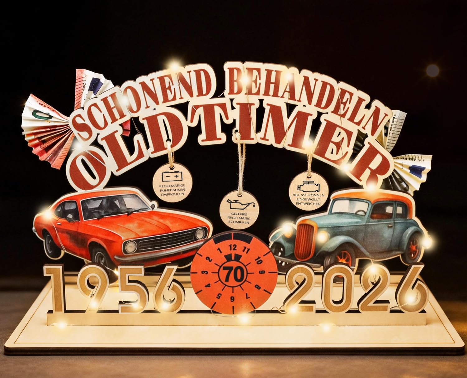 Giftota Geldgeschenk 70 Geburtstag Mann mit LED Lichterkette - Witzige Klassische Schonend Behandeln 1956 Oldtimer Geschenk zum 70 Geburtstag Mann