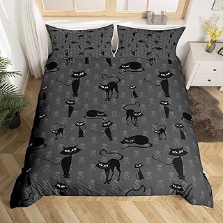 Erosebridal Kids Black Cat Duvet Cover Full Hippie Sugar Skull Bedding Set Cartoon Kitten Comforter Cover Halloween Gothic Decor Bed Sets Black and Grey Bedding for Boys Girls 3pcs Cozy