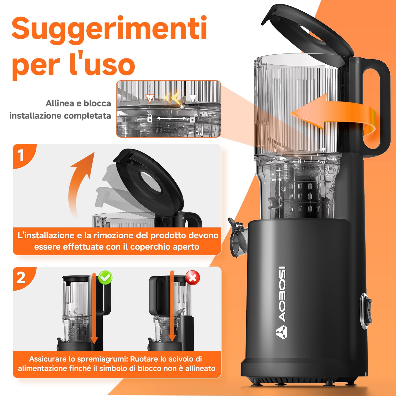 AOBOSI Estrattore frutta e verdura, 135MM XXL Grande Canale di Alimentazione per Frutta e Verdura Intere - Capacità 1,5L, 200 W Slow juicer, Triplo Filtro