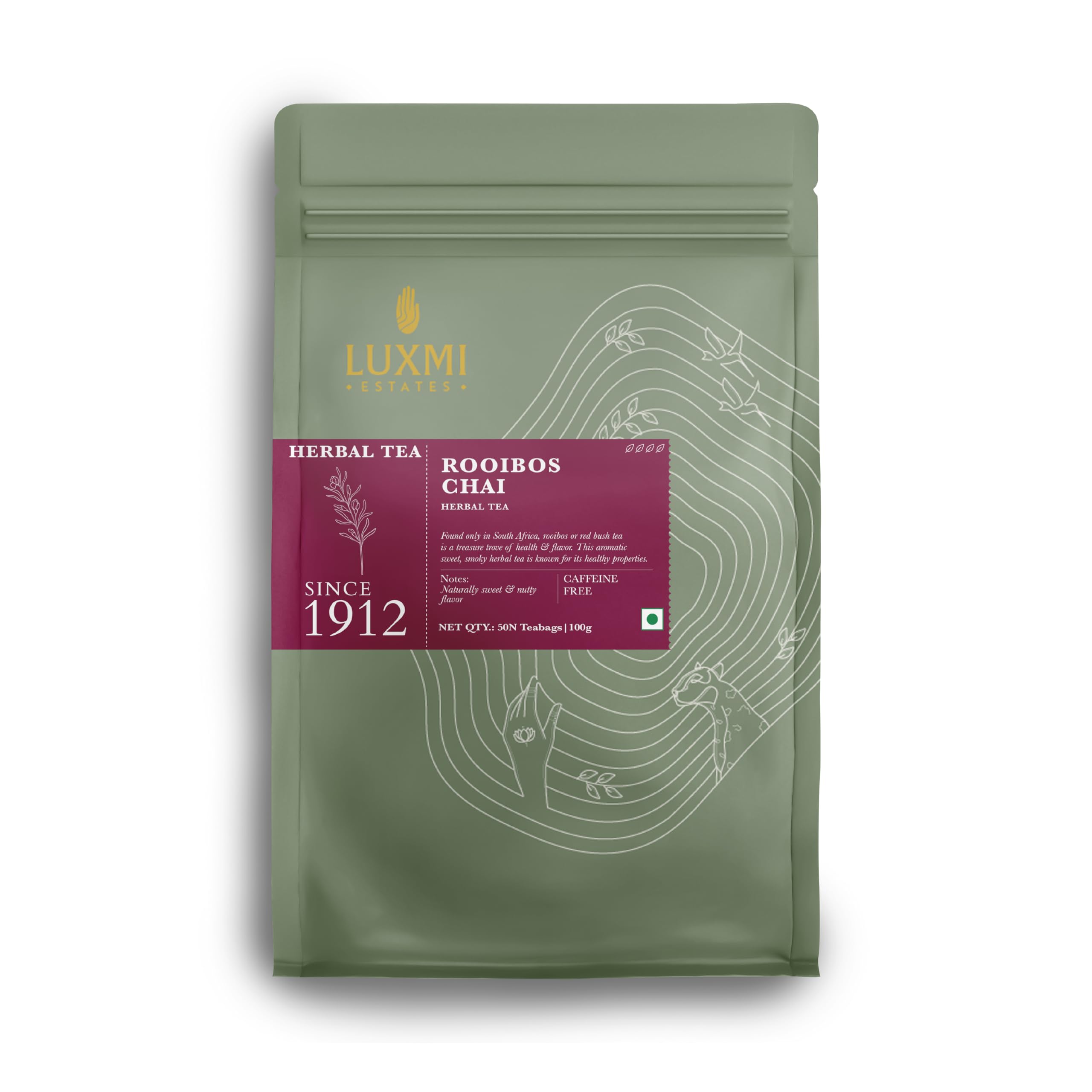 Luxmi Estates South African Rooibos Chai Herbal Tea 50 Tea Bags (100 Gram) Pack | 100% Natural Ingredients | Certified Organic Tea | Caffeine-Free | for Healthy Sleep | Antioxidant-Rich Herbal Beverage for Relaxation and Wellness | 50 Cups Bulk Pack
