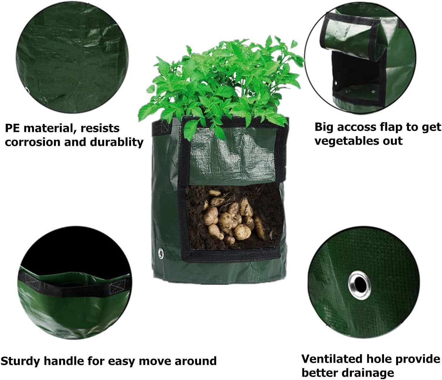 Sfee 2 Pack 7 Gallon Potato Grow Bags, PE Durable Aeration Pots Planters Bag with Handles Access Flap for Garden Farm Vegetable Carrot Onion Tomato Taro Radish Peanut