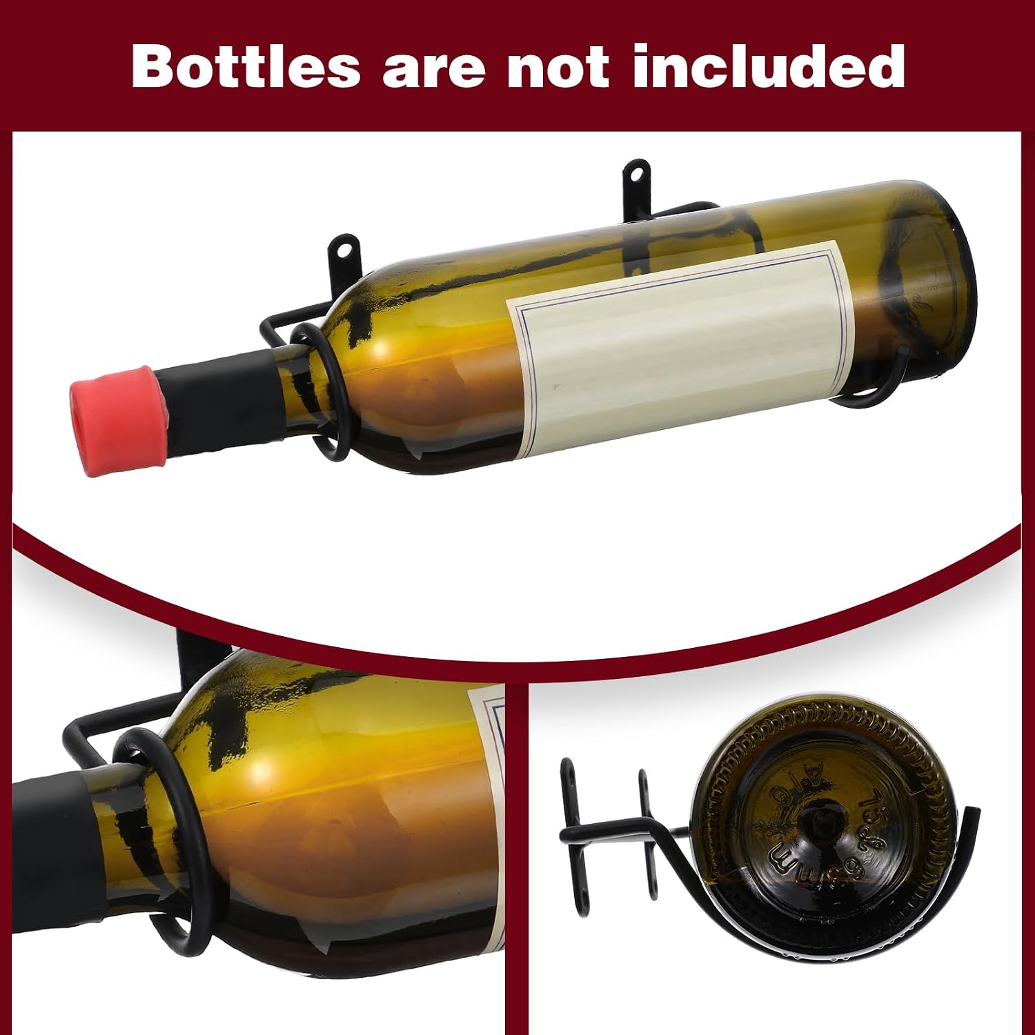 6 Pcs Wall Mounted Wine Rack Holders - Metal Wine Bottle Display Holder with Hardware, Wall Hanging Red Wine Bottle Organizer Racks for Wine Cellar Home Kitchen Bar Decor